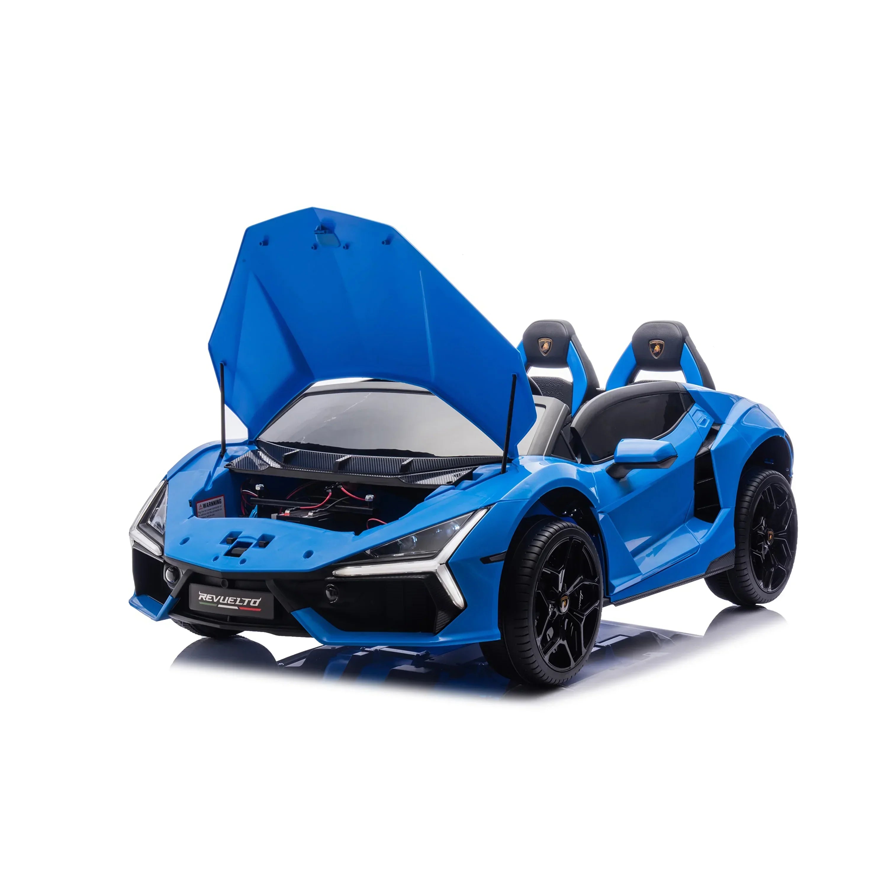 Blue kids ride on sports car with open hood and dual seats on a white background