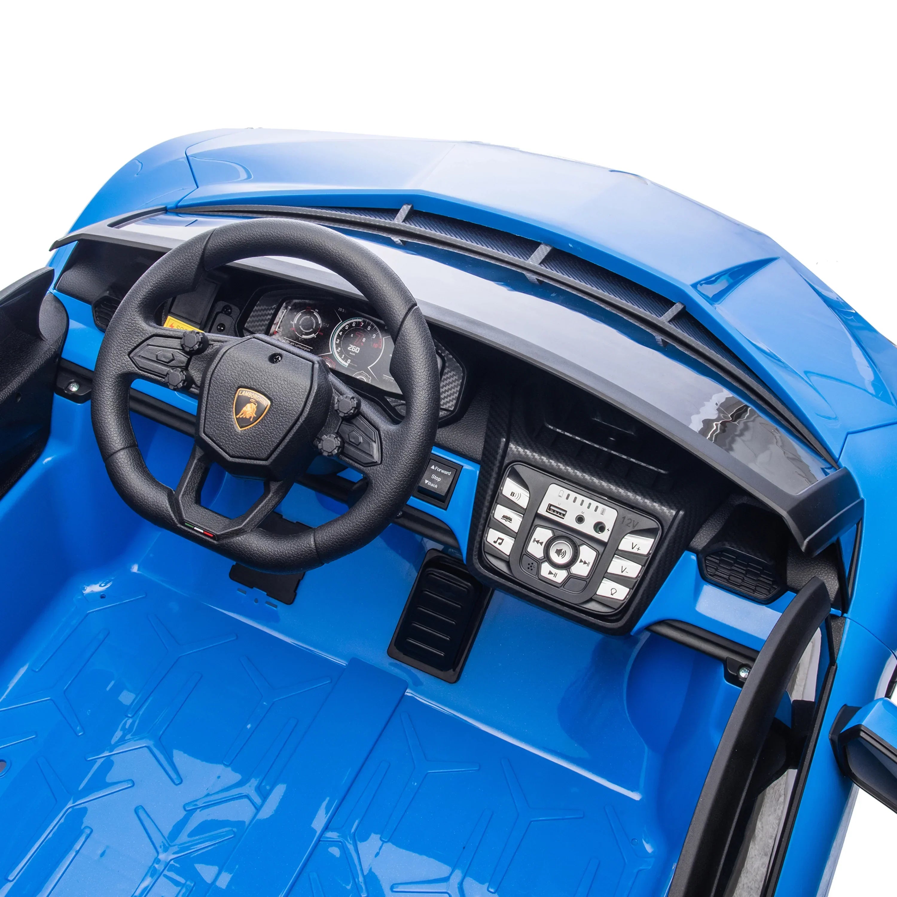 Blue kids ride-on Lamborghini car interior with steering wheel and dashboard controls