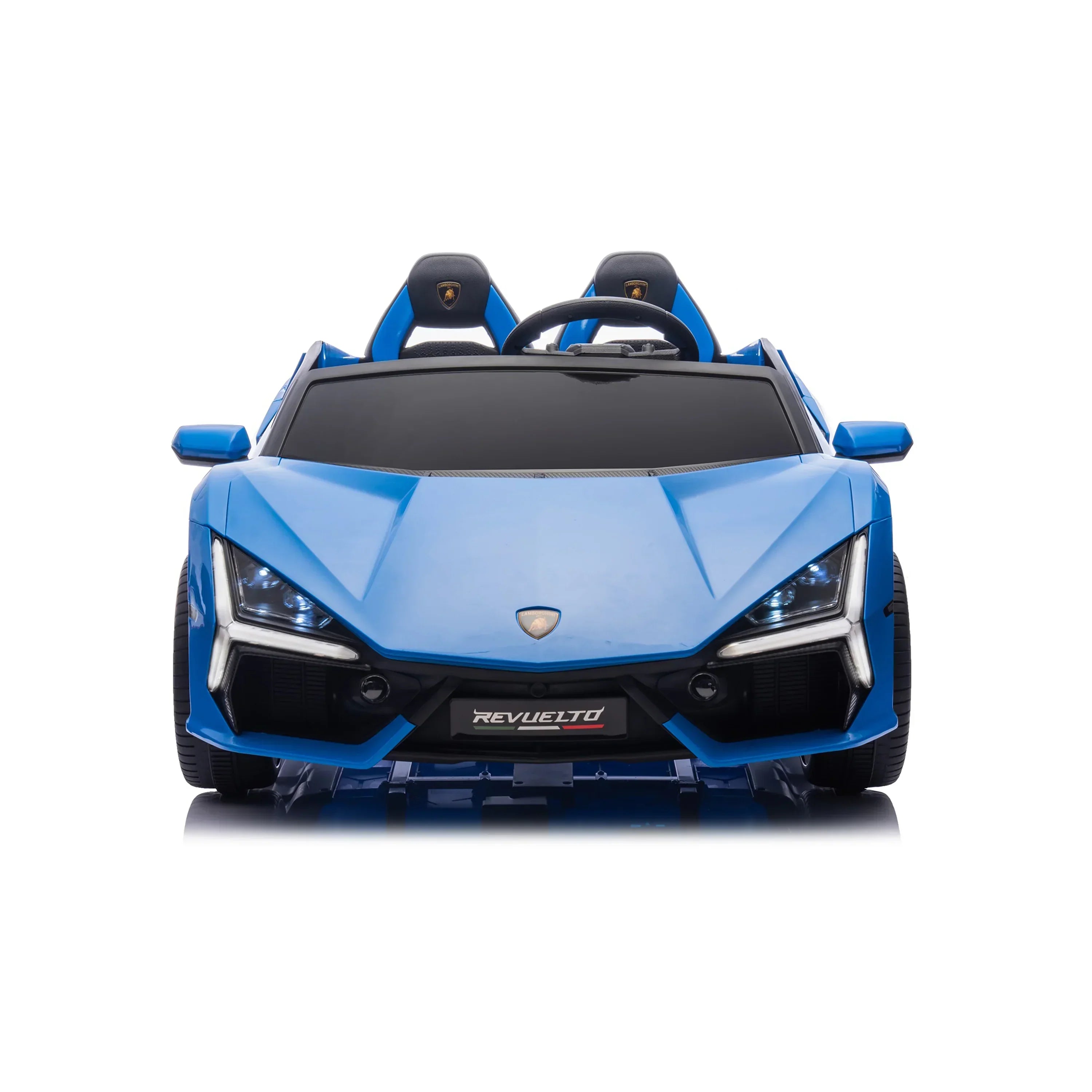 Blue Lamborghini Revuelto kids electric ride-on toy car, front view, white background