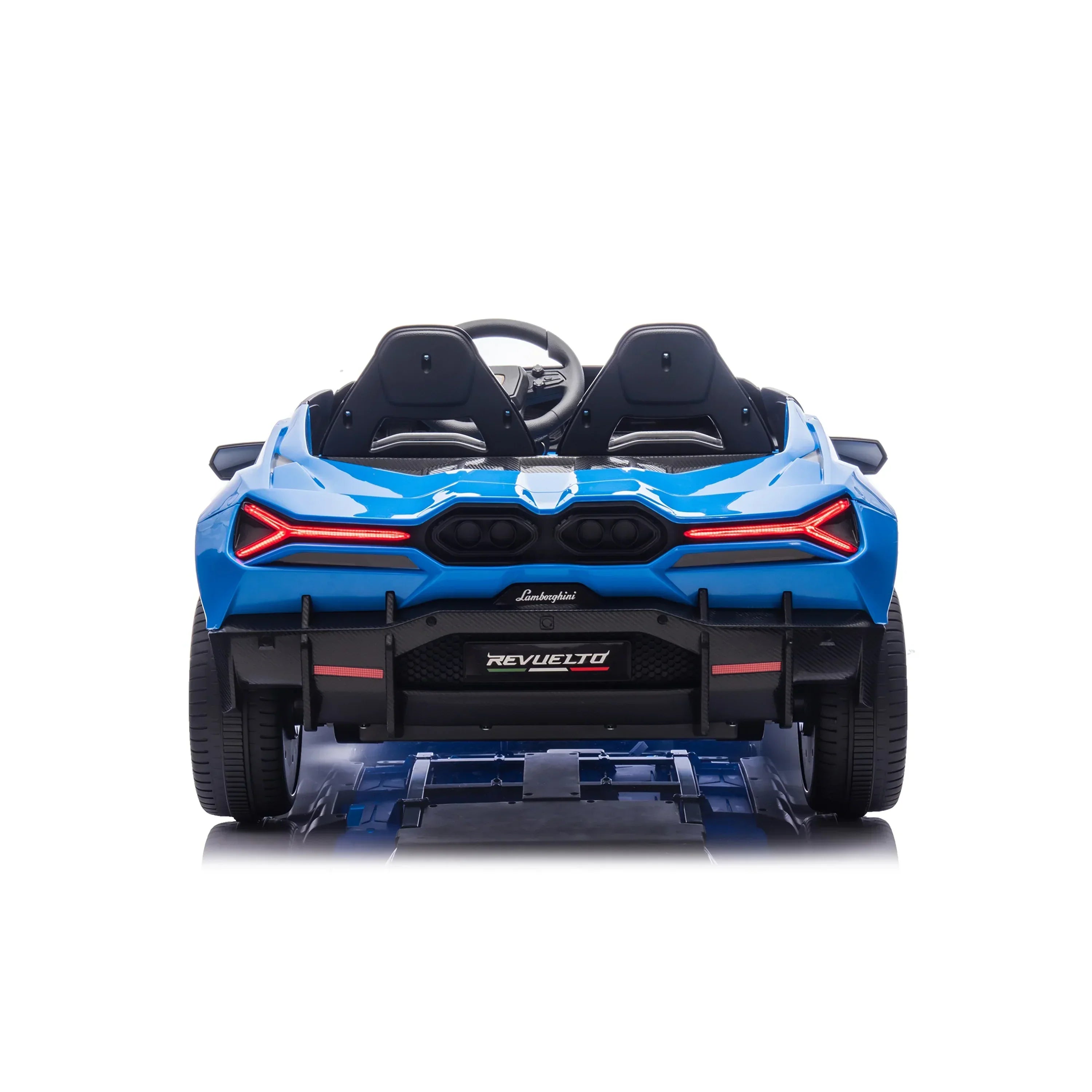 Rear view of blue Lamborghini Revuelto kids ride-on car with LED lights and dual seats
