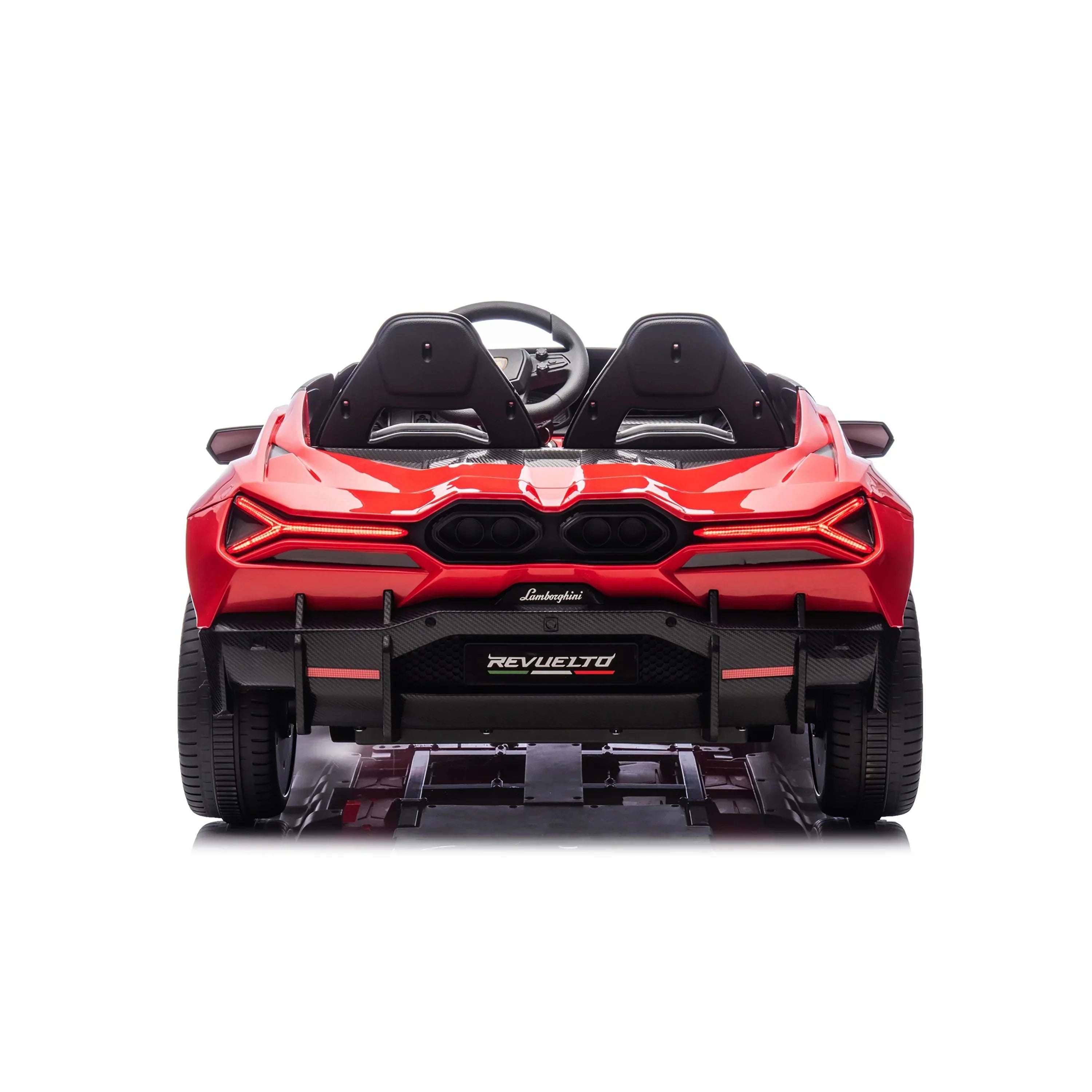 Rear view of red Lamborghini Revuelto ride-on toy car for kids, dual seats, sporty design