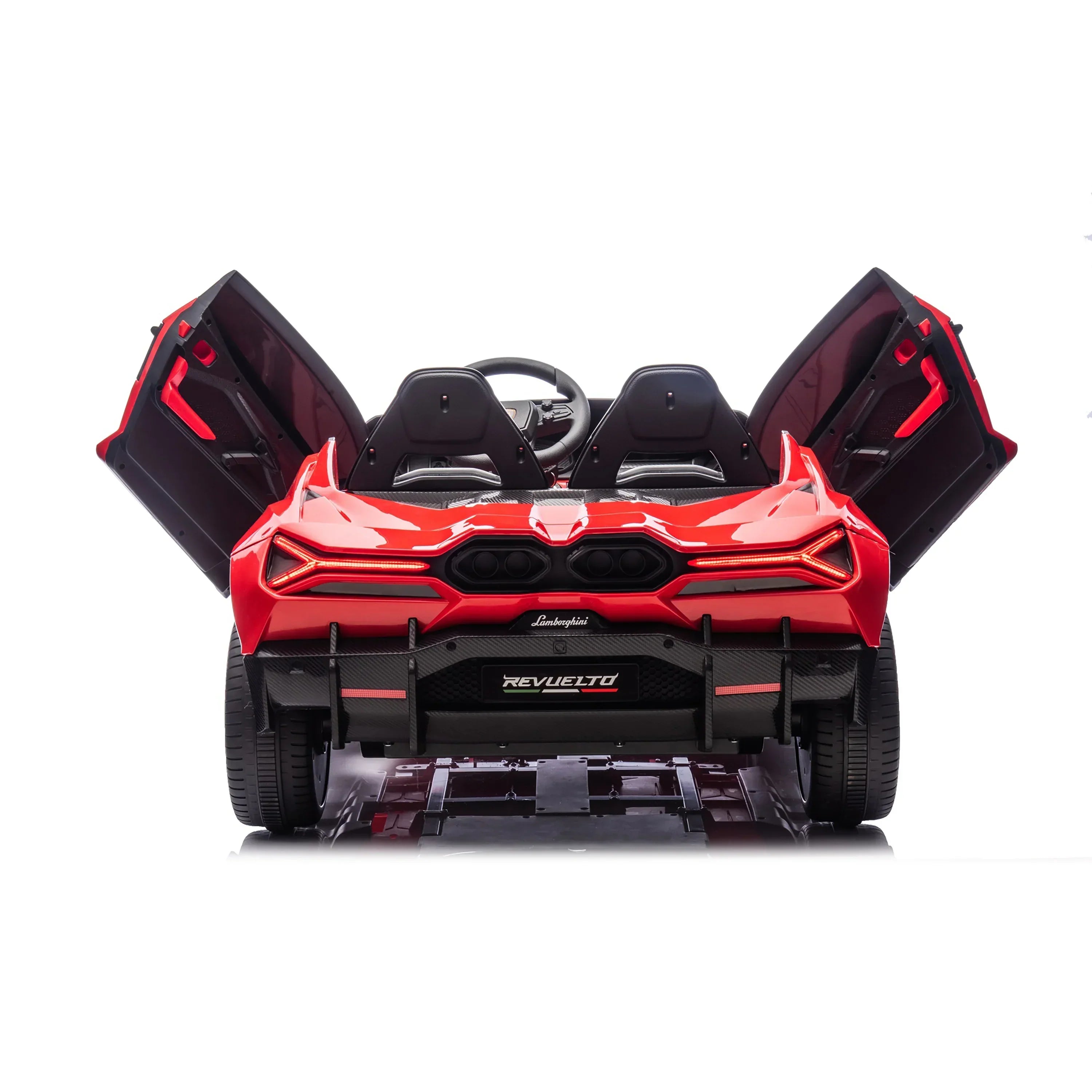 Red Lamborghini Revuelto kids ride-on car with open scissor doors, rear view