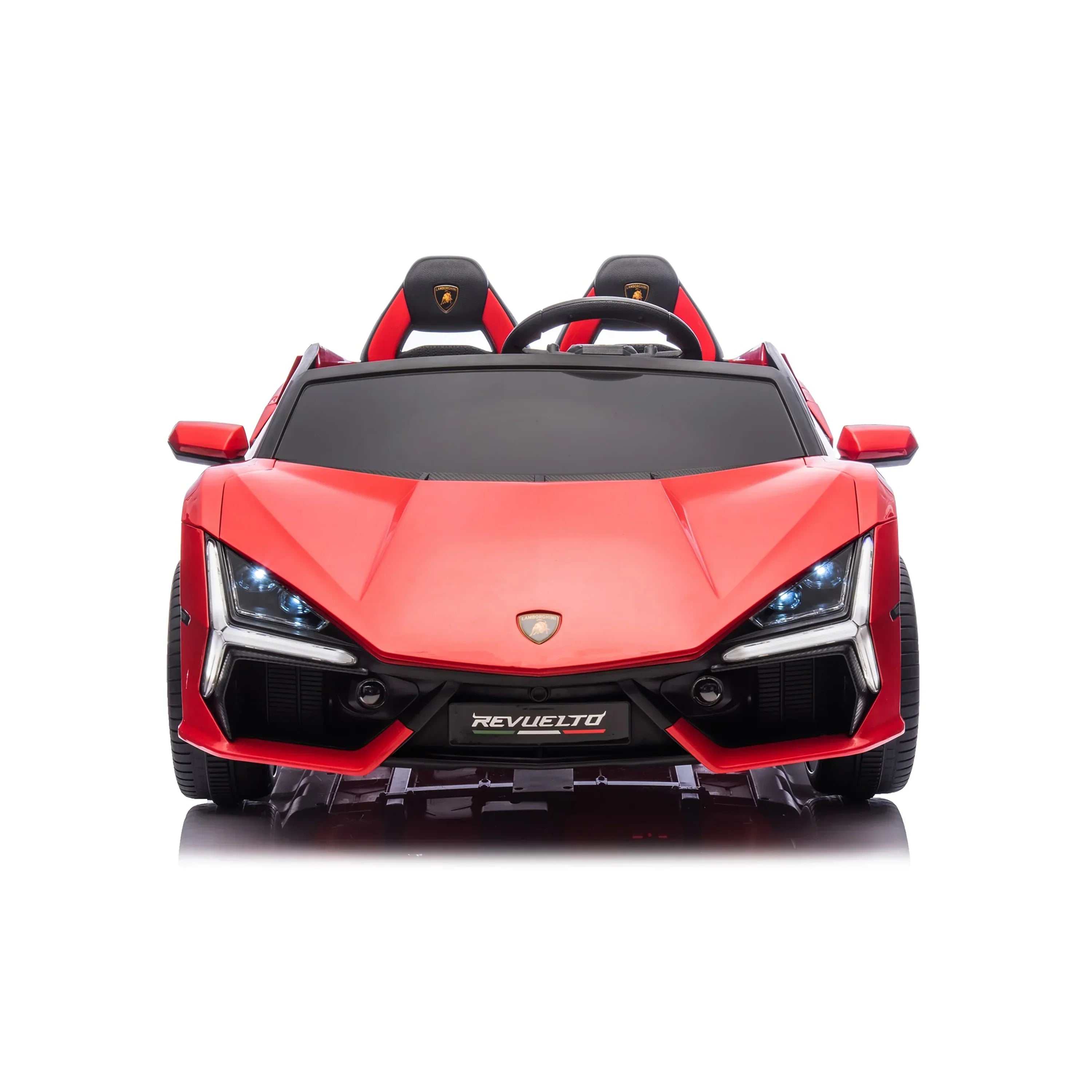Red Lamborghini Revuelto kids ride-on car with LED headlights, front view on white background