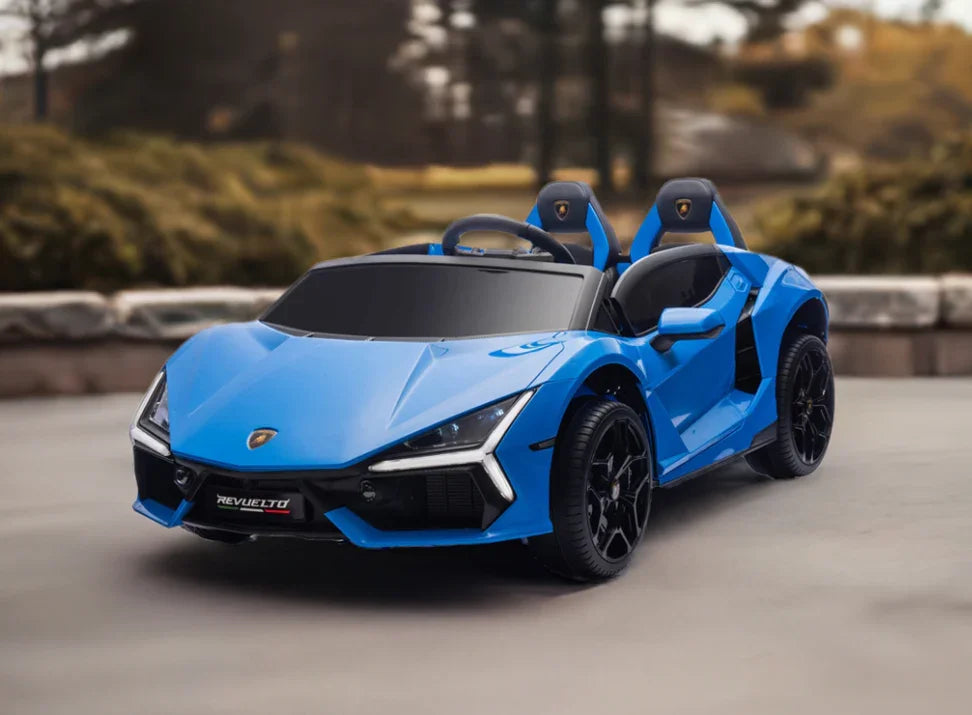Blue Lamborghini Revuelto ride-on toy car for kids, outdoors on pavement