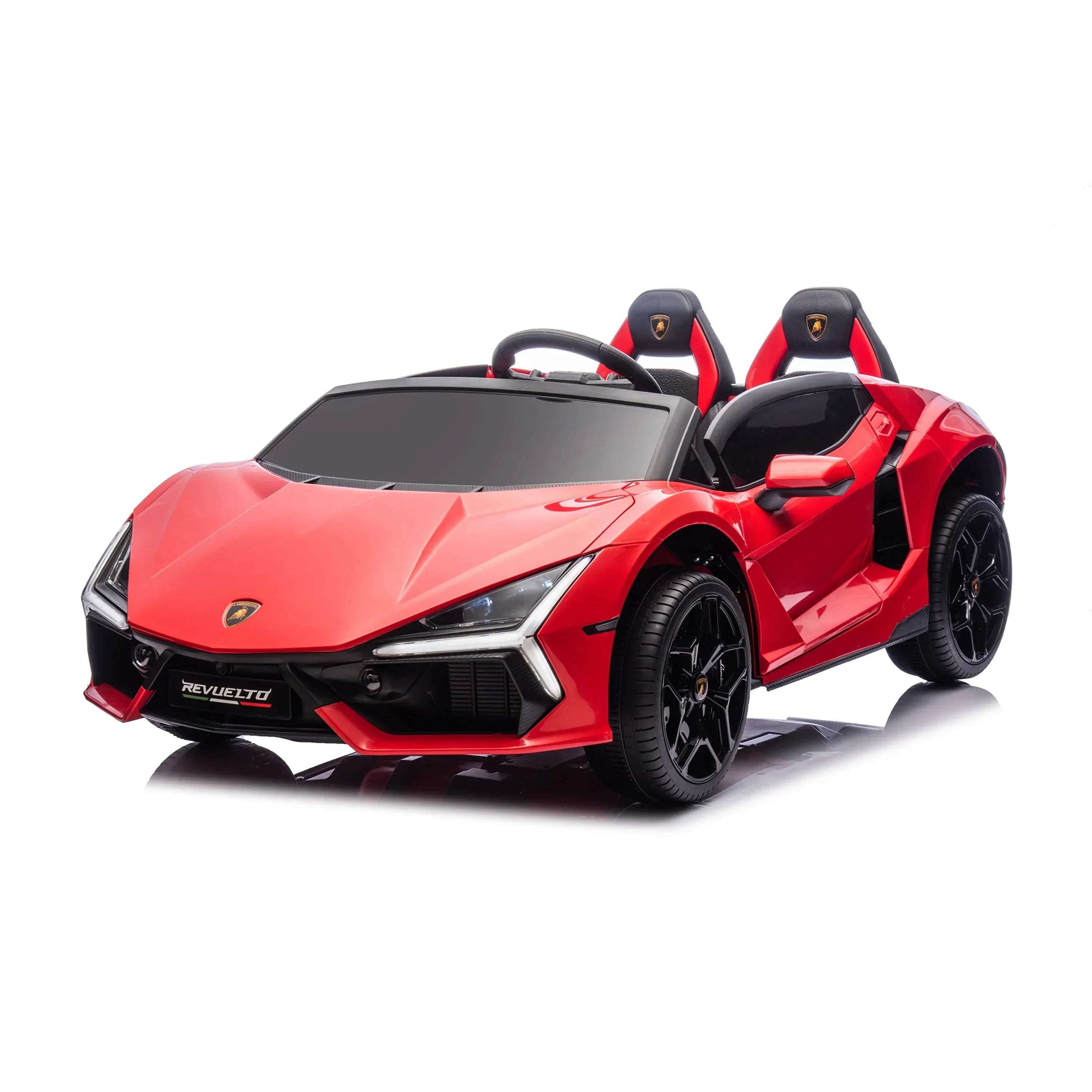 Red kids ride-on toy car Lamborghini style with black wheels on white background