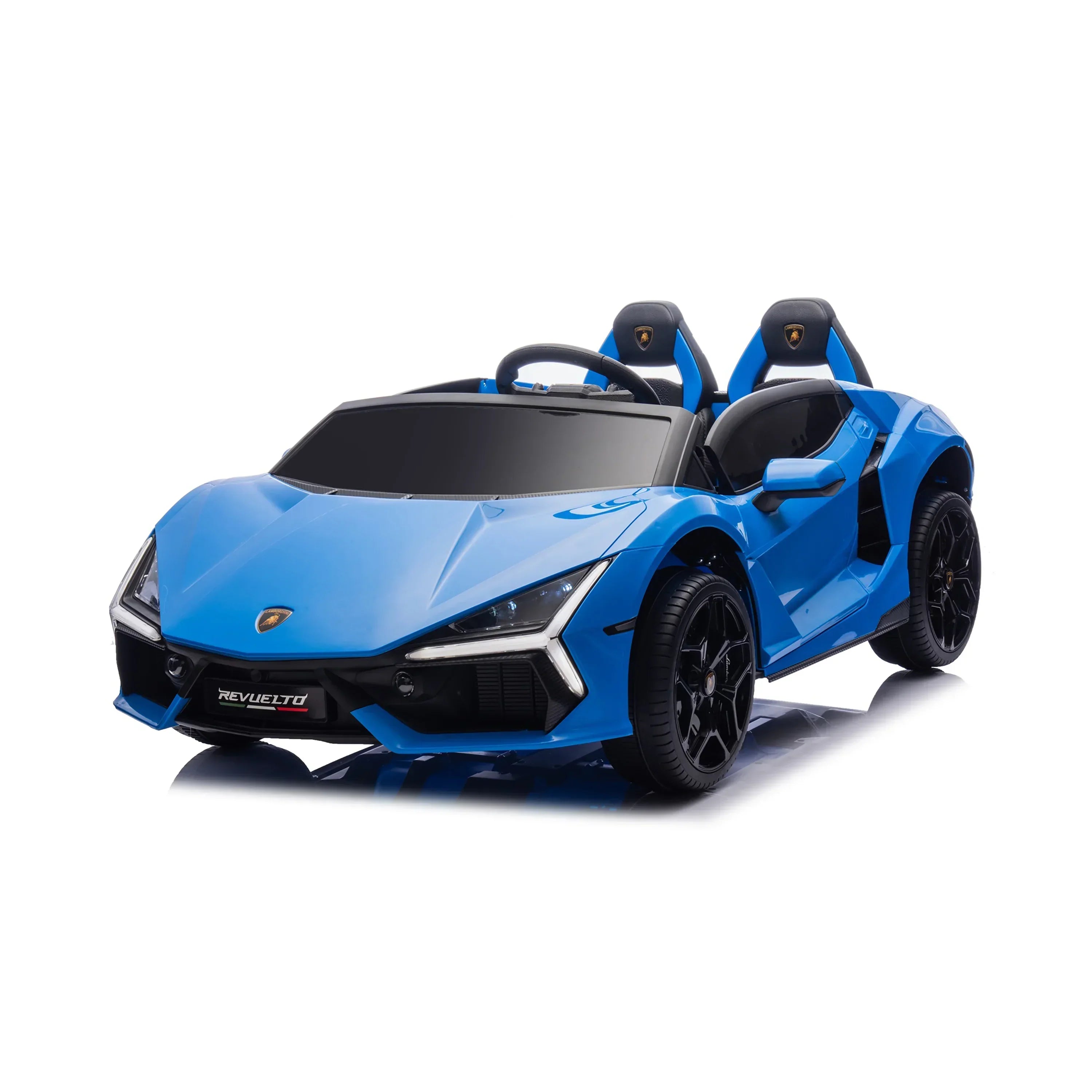 Blue kids electric ride-on car with black wheels, sporty design, and two seats