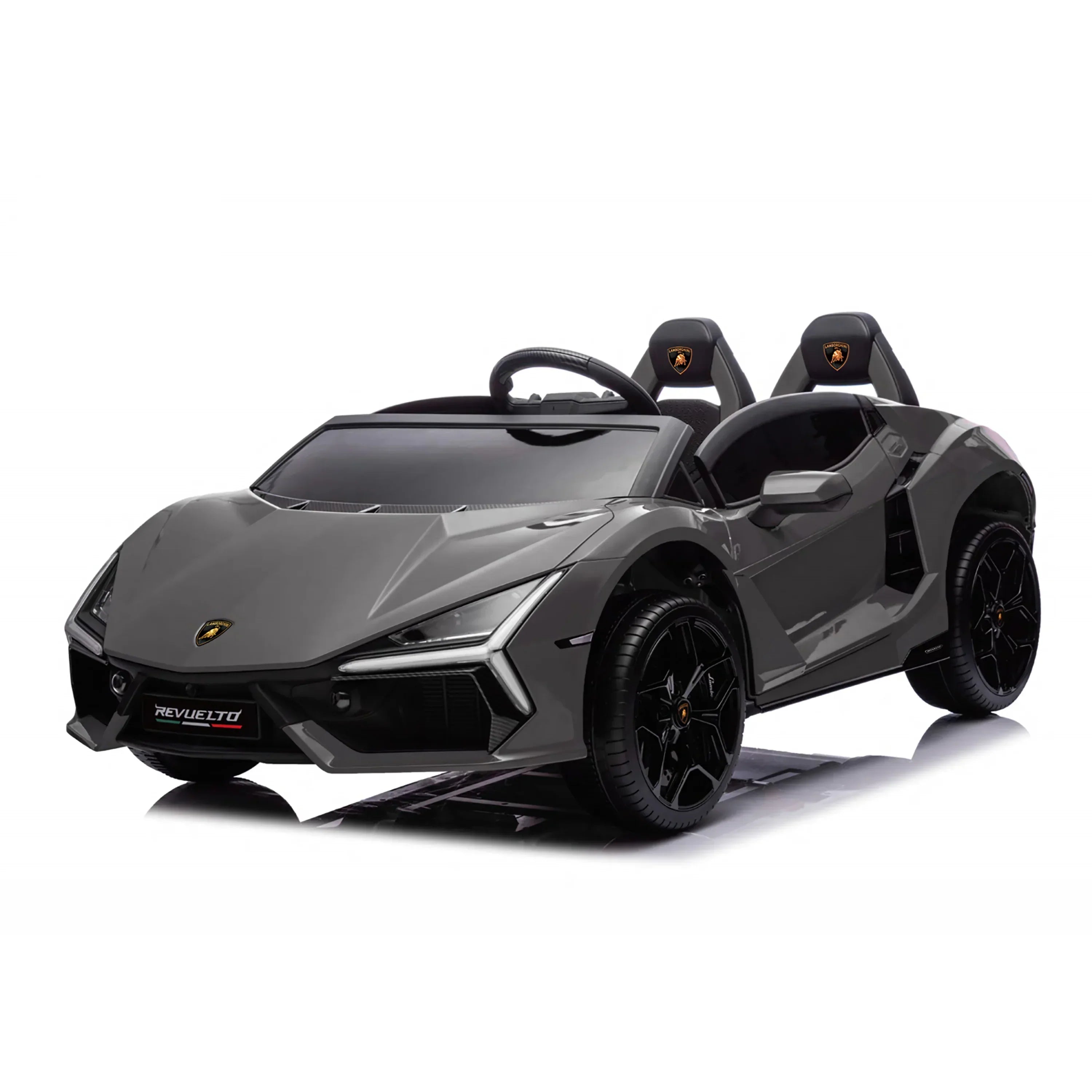Black Lamborghini Revuelto kids ride on car with two seats, sleek design, on white background