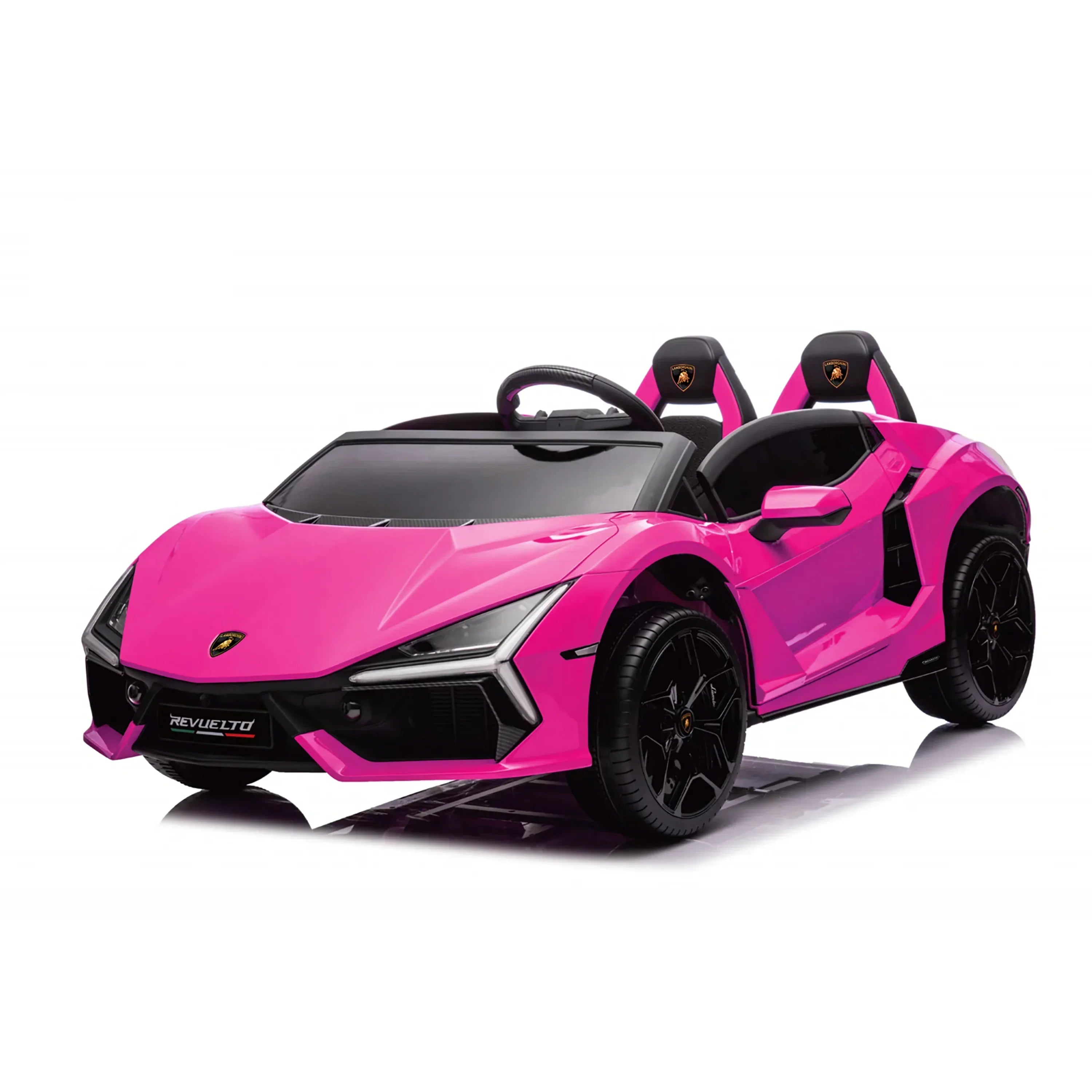 Pink Lamborghini Revuelto electric ride-on toy car with black wheels and seats on white background