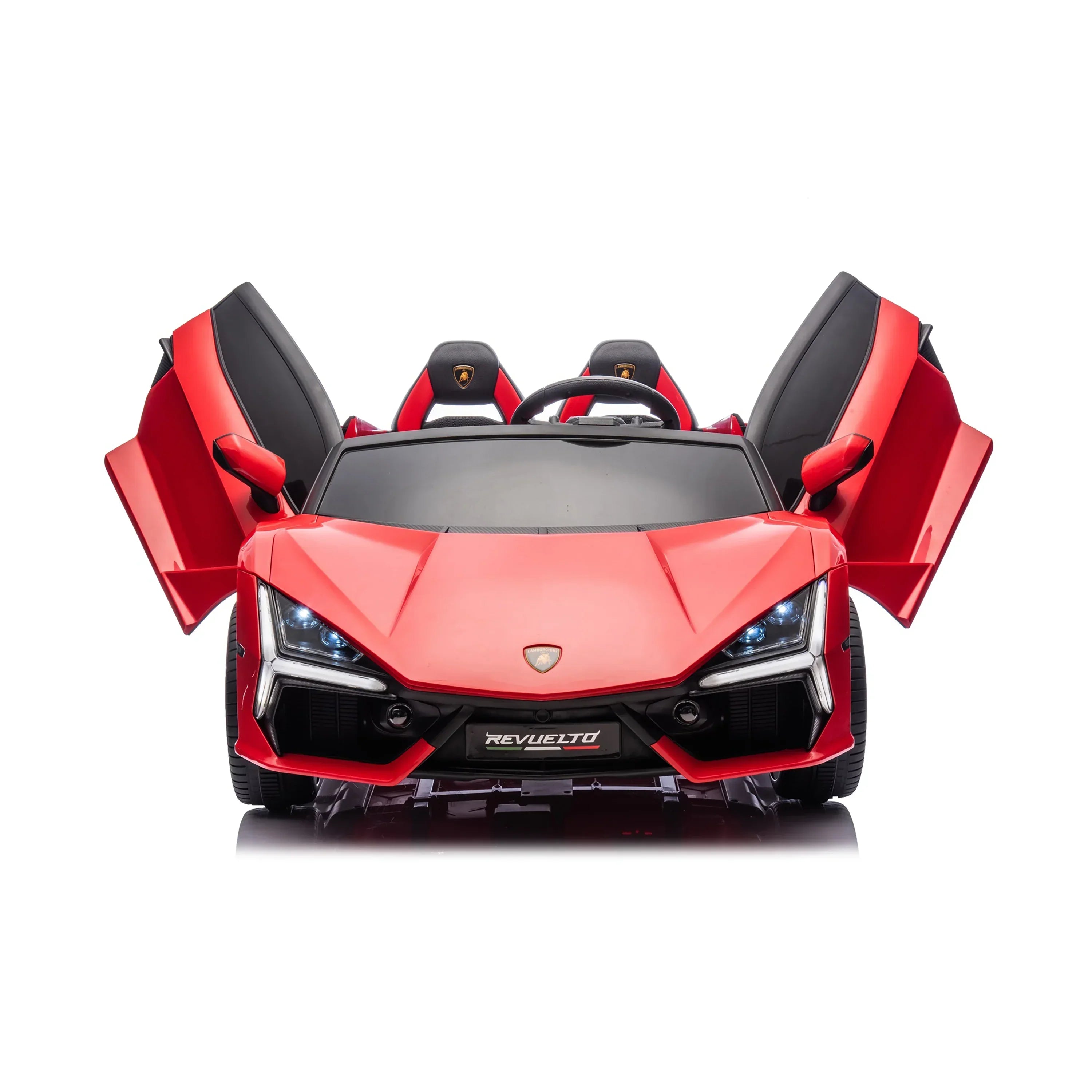 Red Lamborghini Revuelto kids ride-on car with open scissor doors, front view