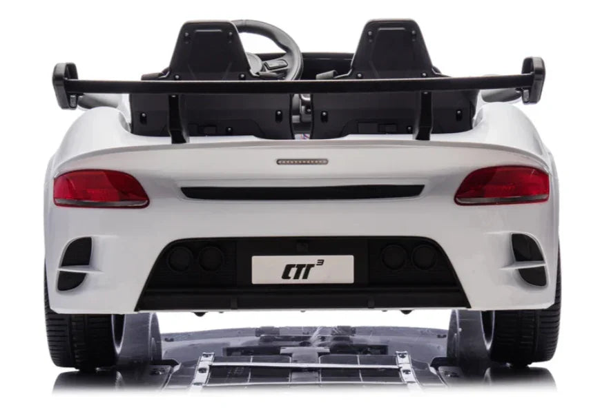 White toy sports car rear view with spoiler and dual seats, CTR3 model