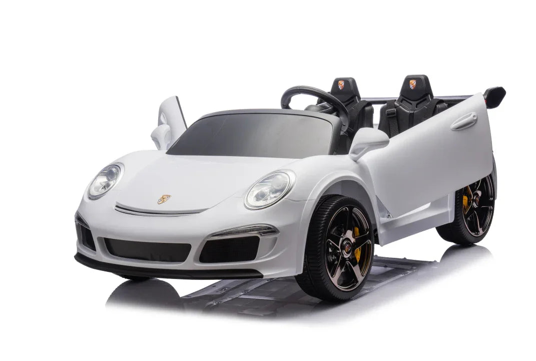 White kids ride-on Porsche car toy with open doors, two seats and black wheels