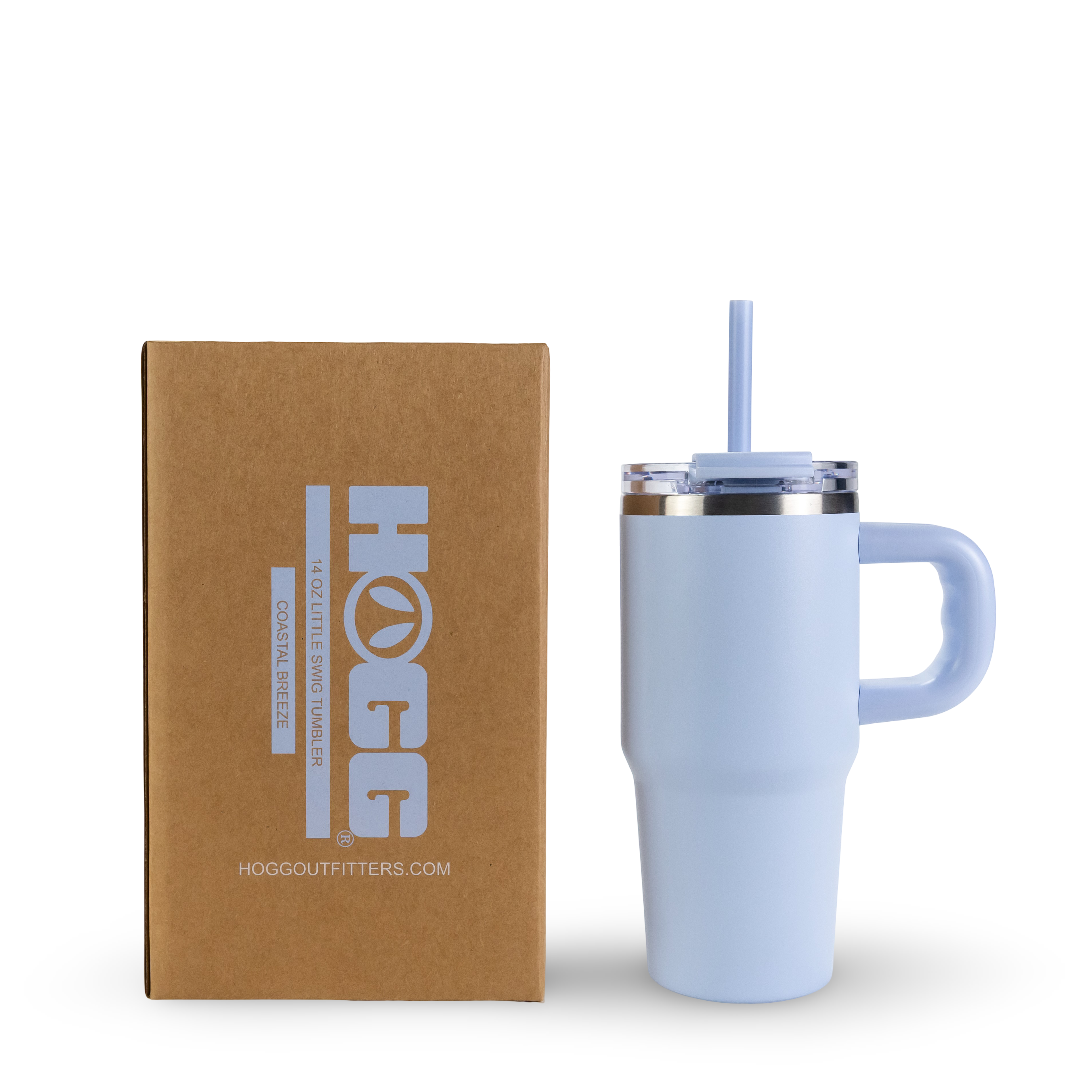Light blue insulated tumbler with handle, straw, and box, ideal for outdoor camping.