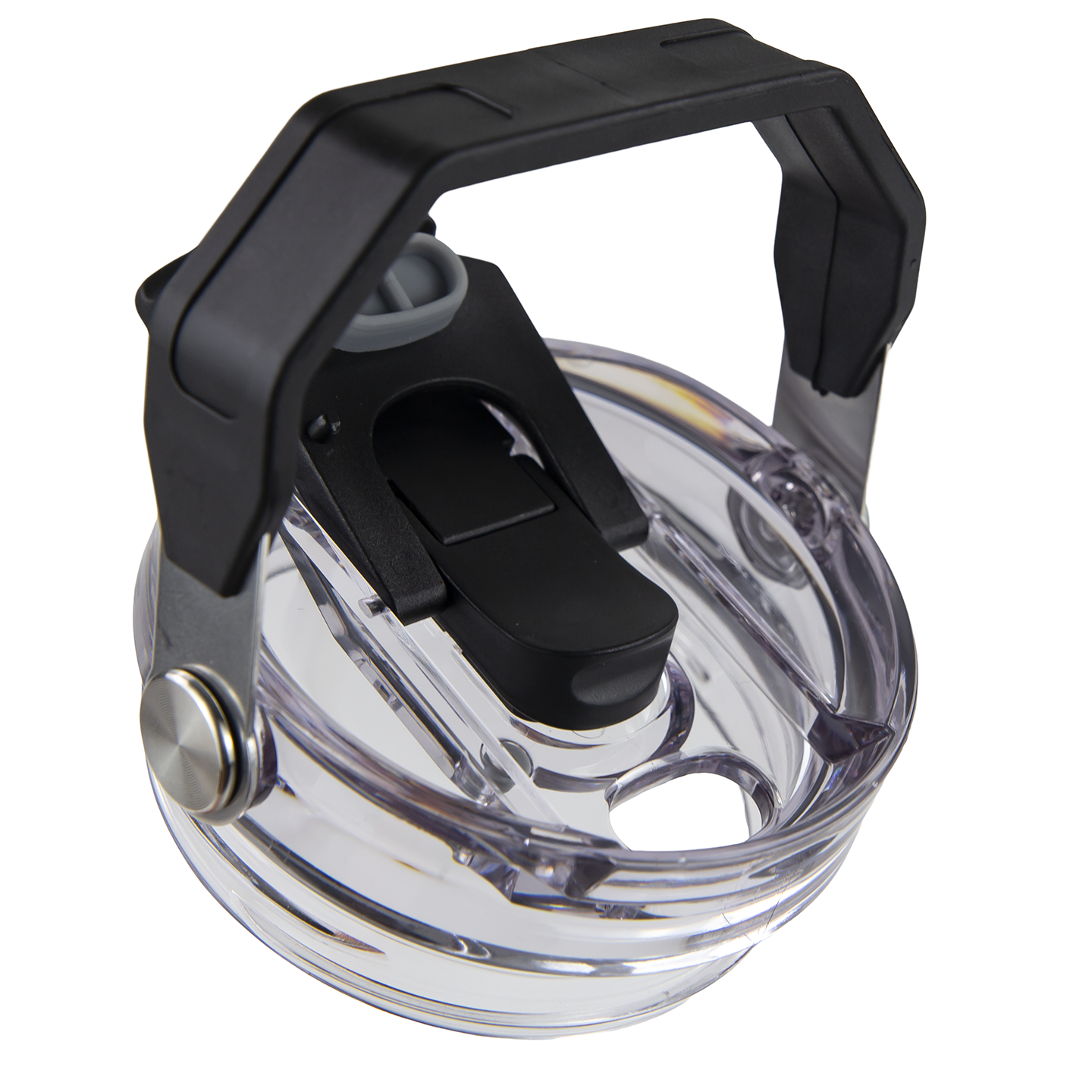 Clear plastic water bottle lid with black handle and flip-top spout for outdoor use