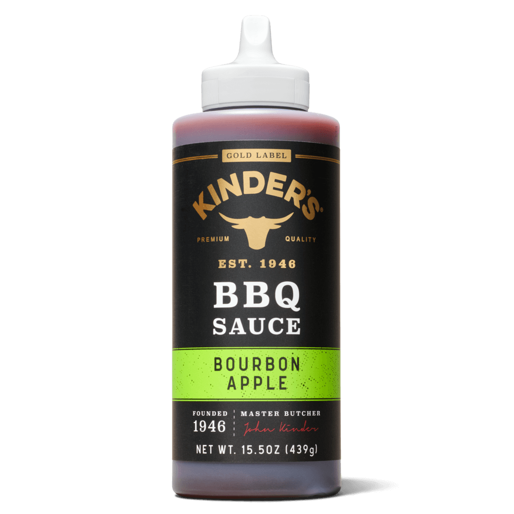 Kinder's BBQ sauce bottle, bourbon apple flavor, 15.5oz, for grilling and outdoor cooking