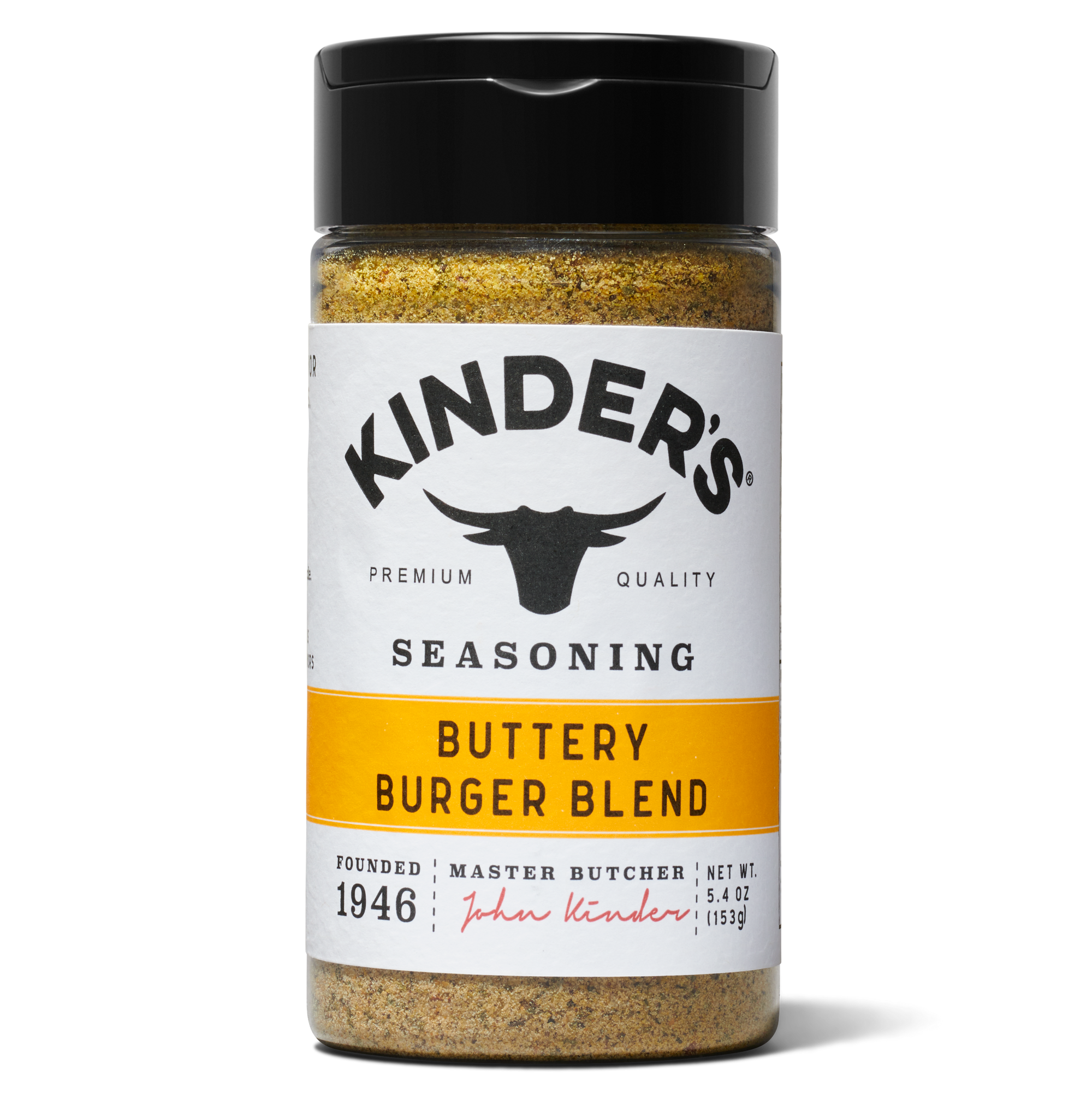Kinder's Buttery Burger Blend seasoning jar with black lid and yellow label, 5.4 oz