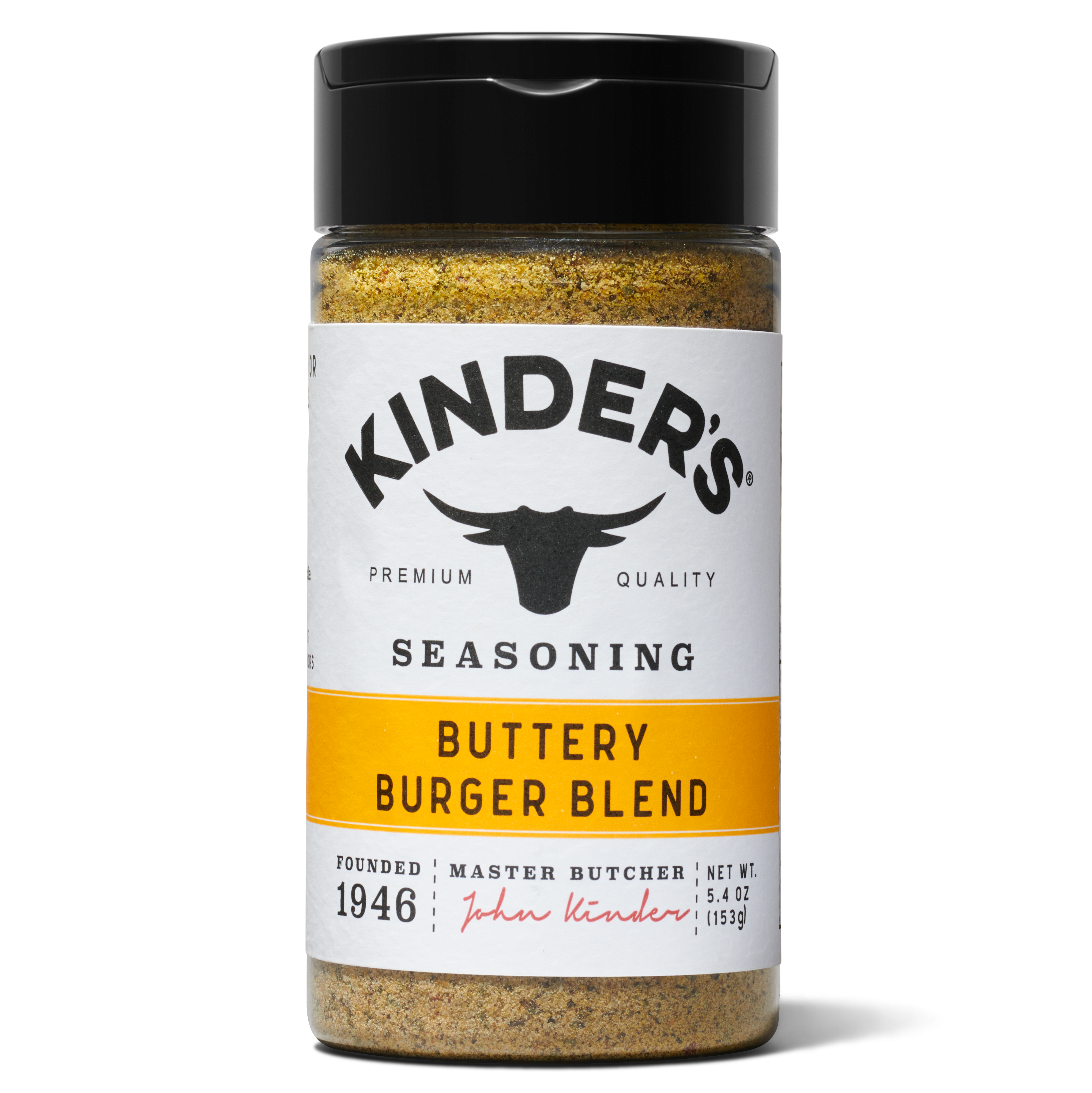 Kinder's Buttery Burger Blend seasoning jar with black lid and yellow label, 5.4 oz