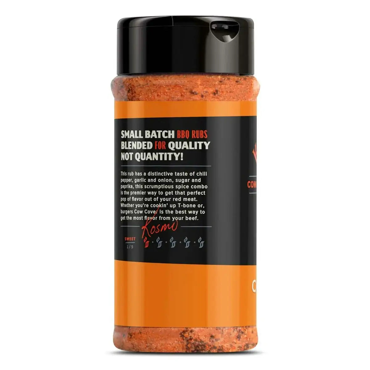 BBQ spice rub seasoning bottle with chili pepper, paprika, and small batch barbecue blend label