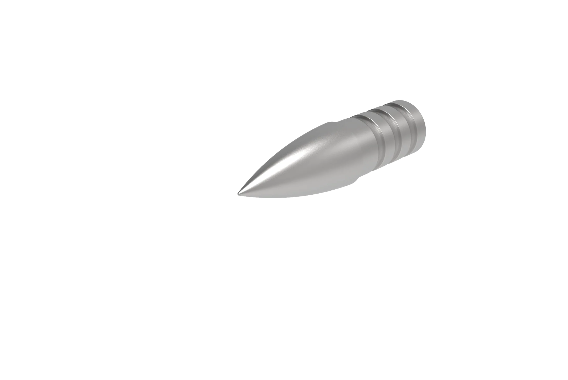 Silver pointed rifle bullet with grooved base on white background, hunting gear component