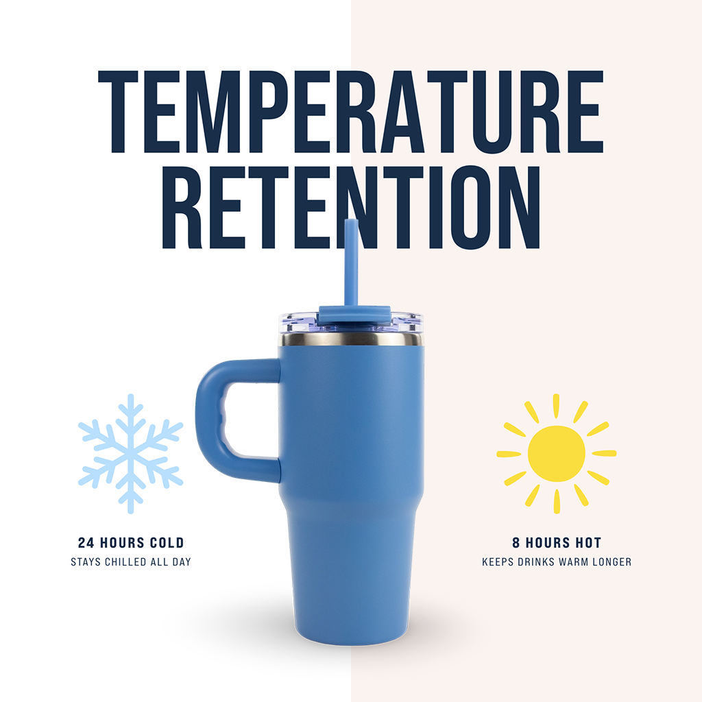 Blue insulated tumbler with handle and straw, shows 24 hours cold, 8 hours hot temperature retention.