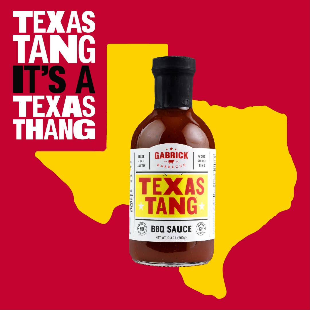 Texas Tang BBQ sauce bottle with Texas state outline and bold text on red background