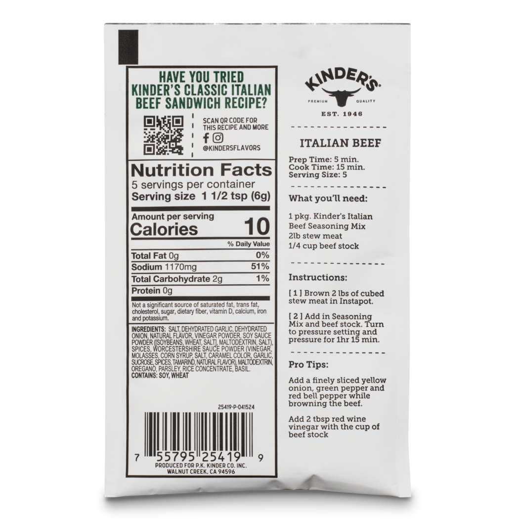 Kinder's Italian Beef Seasoning mix nutrition facts and recipe instructions on package back