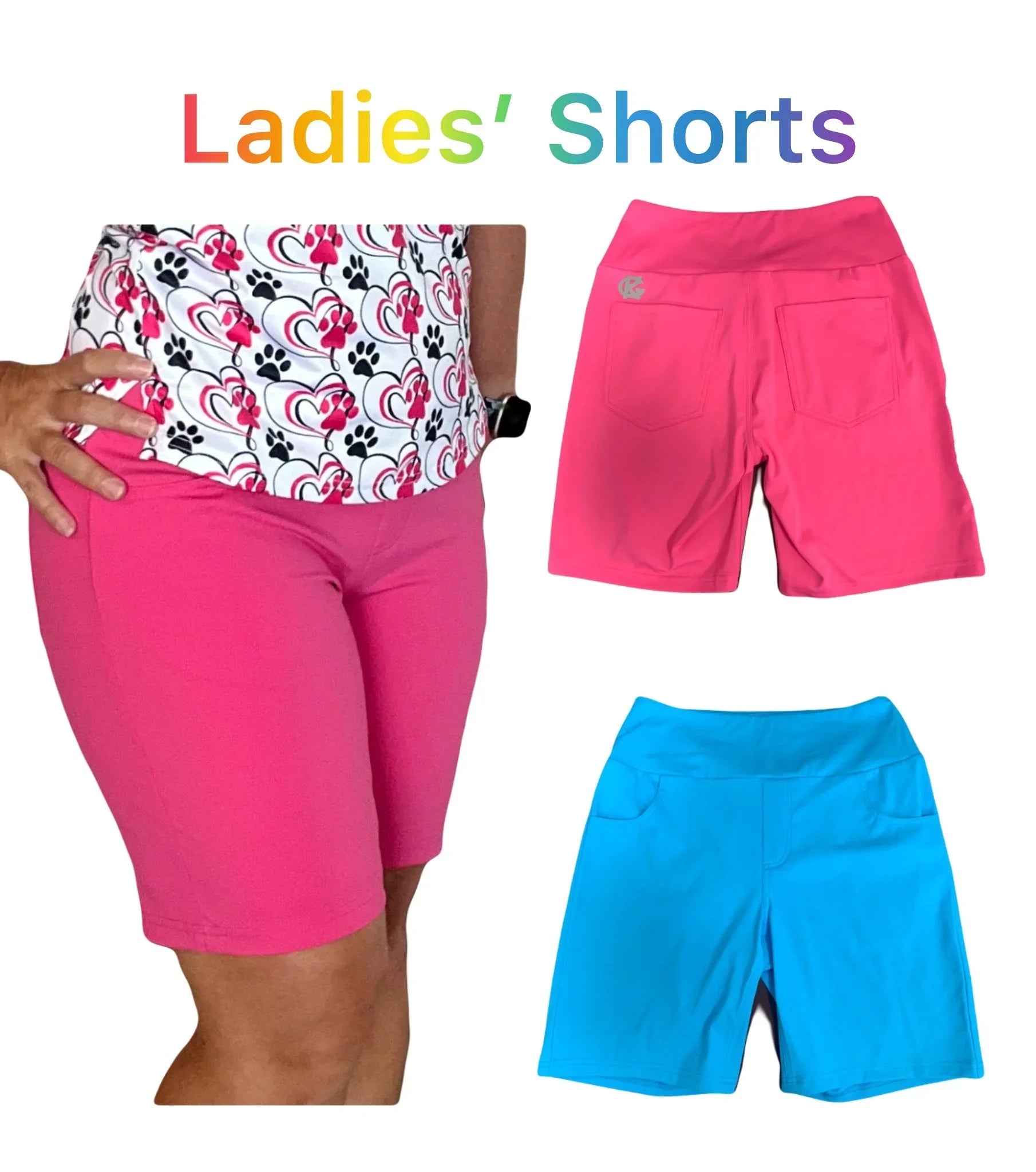 Bright pink and blue women's outdoor shorts, shown front and back, with a bold pattern top.