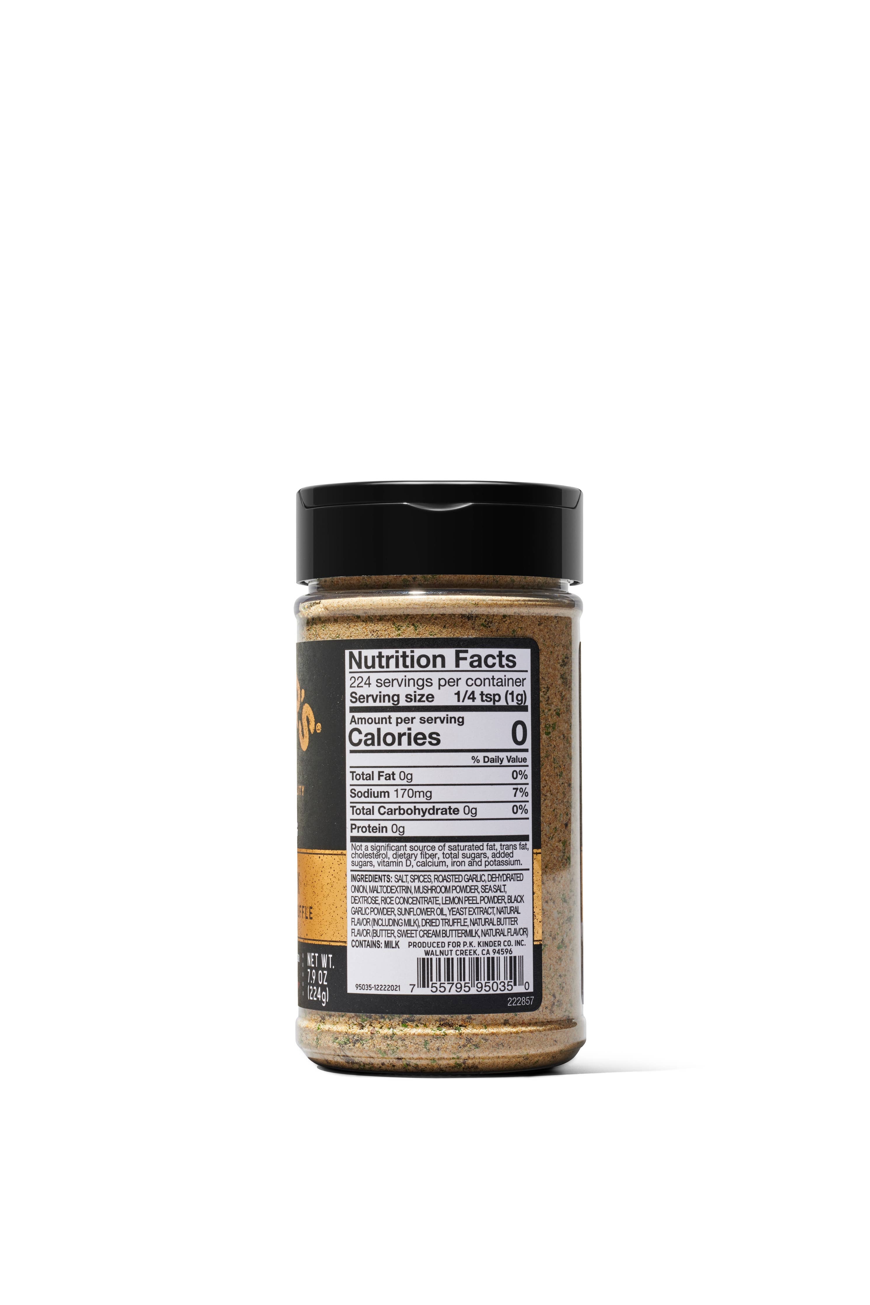 Back of a spice seasoning bottle showing nutrition facts and ingredient list, black lid