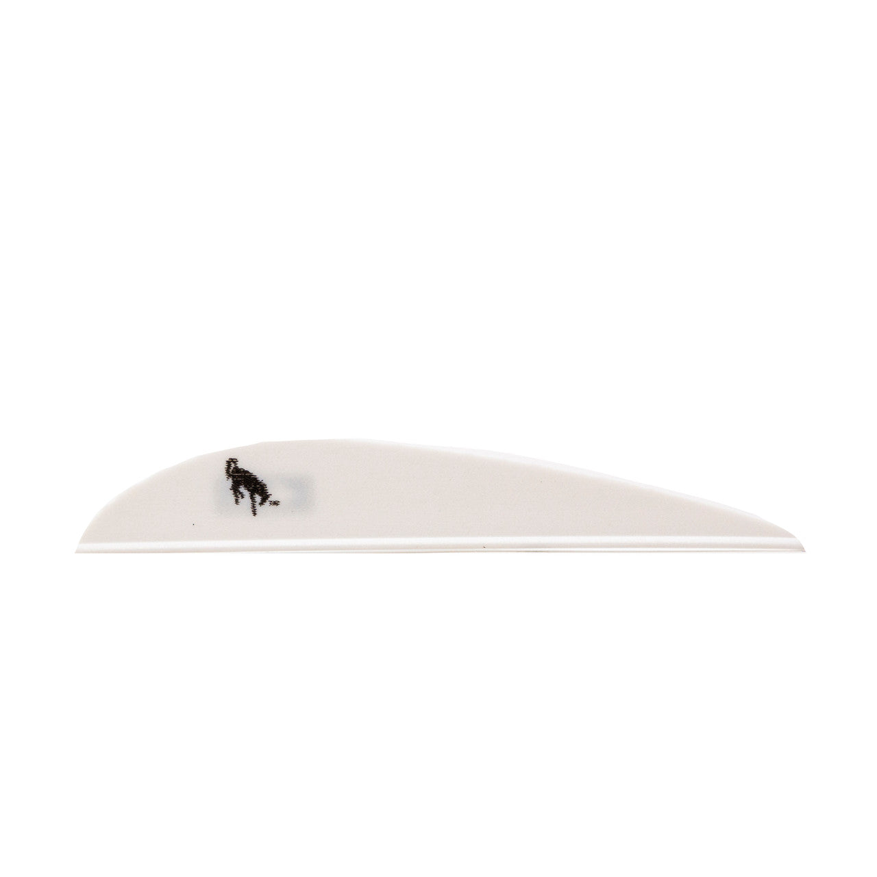 White plastic archery vane fletching with small animal logo on a white background