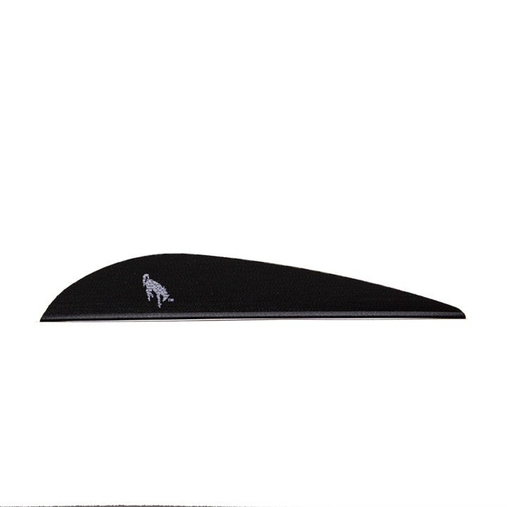 Black archery arrow vane with white animal logo, isolated on white background
