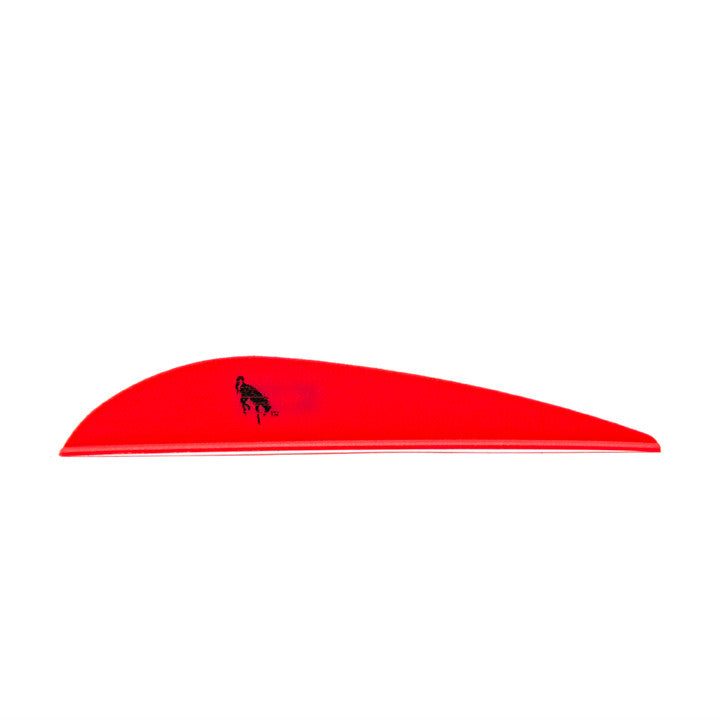 Red archery arrow vane with black bird logo on white background