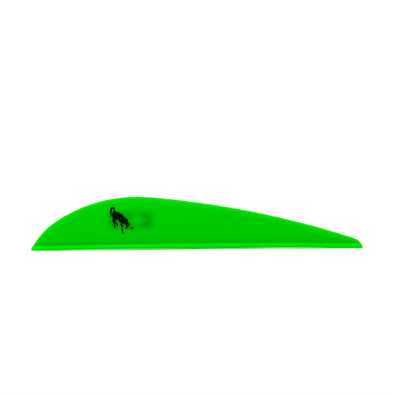 Bright green archery arrow vane with black animal logo on white background