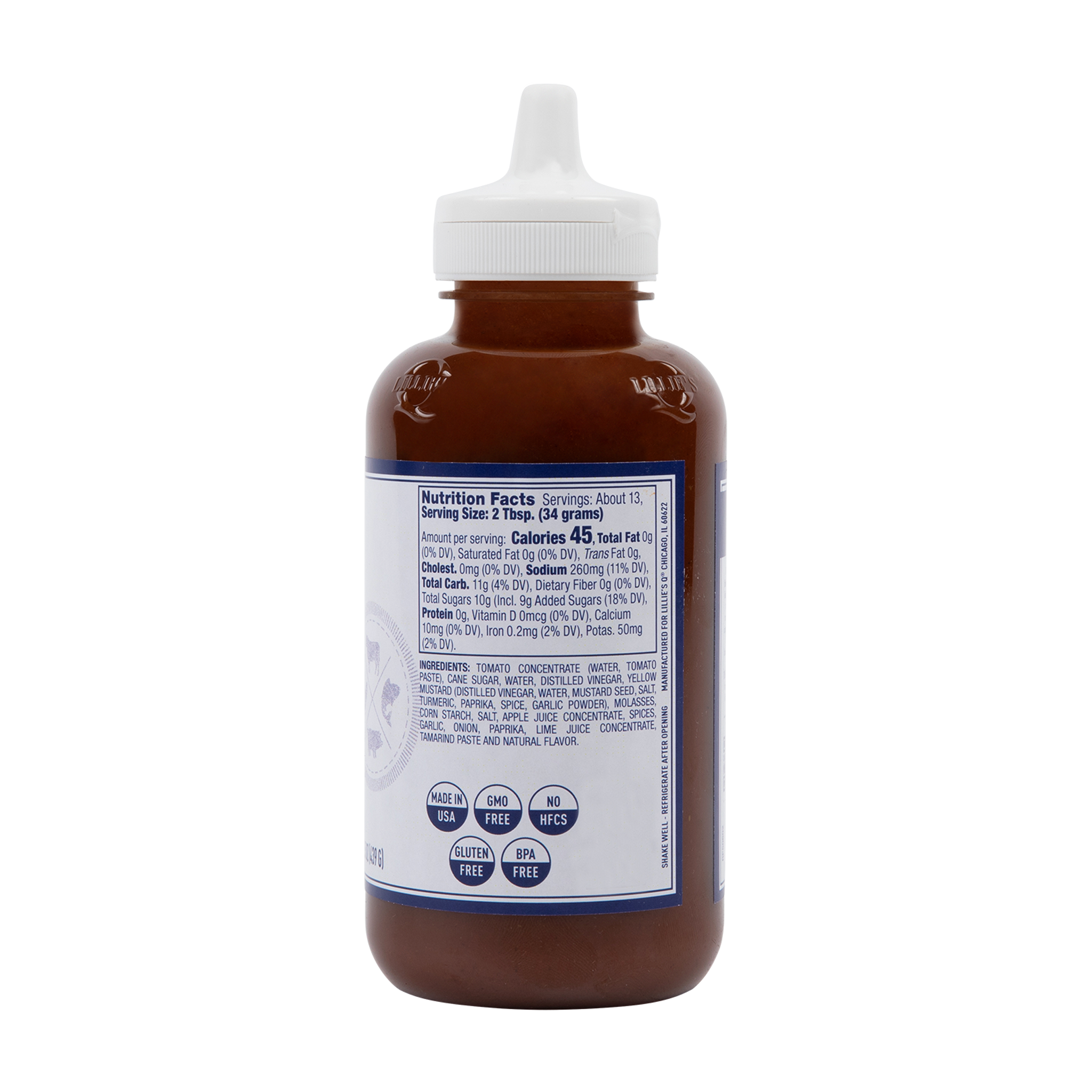 Back view of a condiment bottle showing nutrition facts, ingredients, and allergen icons