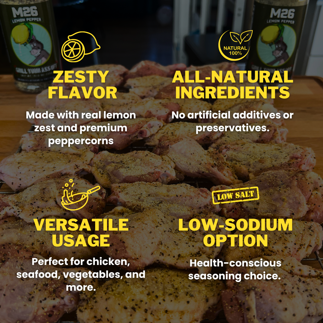 Raw chicken pieces seasoned with lemon pepper spice, highlighting zesty flavor, all-natural ingredients, versatility for chicken, seafood, vegetables, and a low-sodium option.