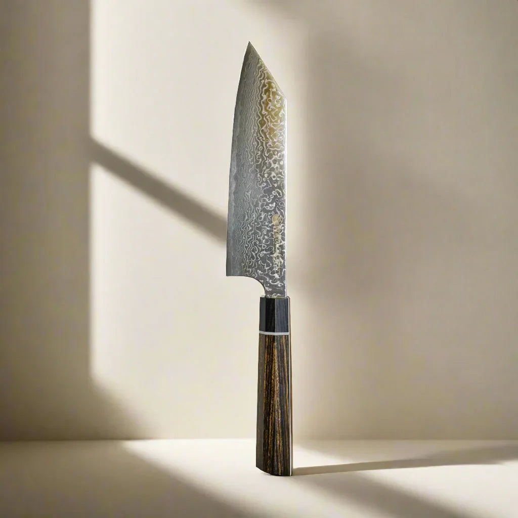 Damascus steel outdoor hunting knife with wooden handle, standing upright in sunlight