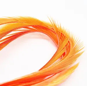 Bright orange sunburst goose biot feathers for fly tying or crafting on white background