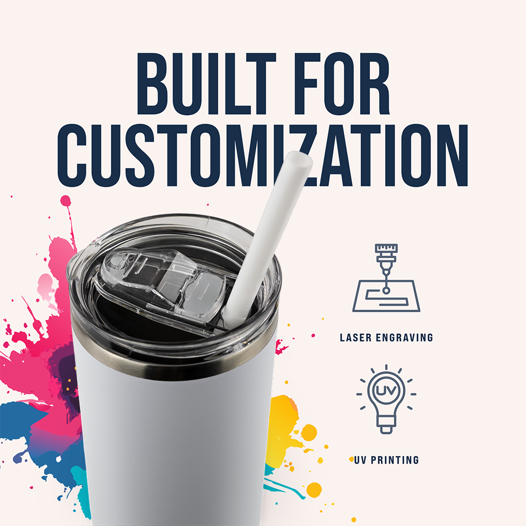 Customizable travel tumbler with straw and lid, featuring laser engraving and UV printing options