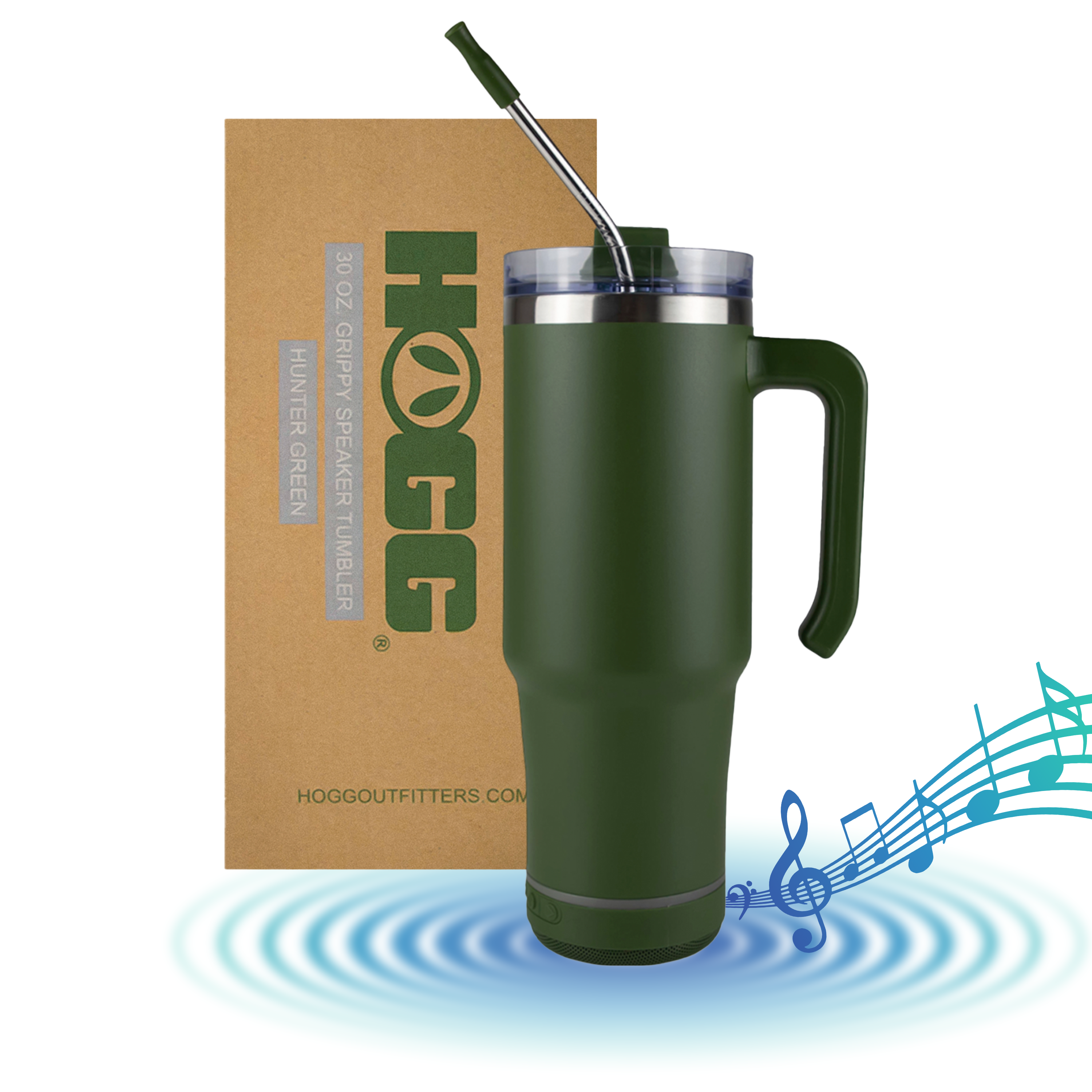 Hunter green 30oz insulated tumbler with handle, speaker base, straw, and retail box