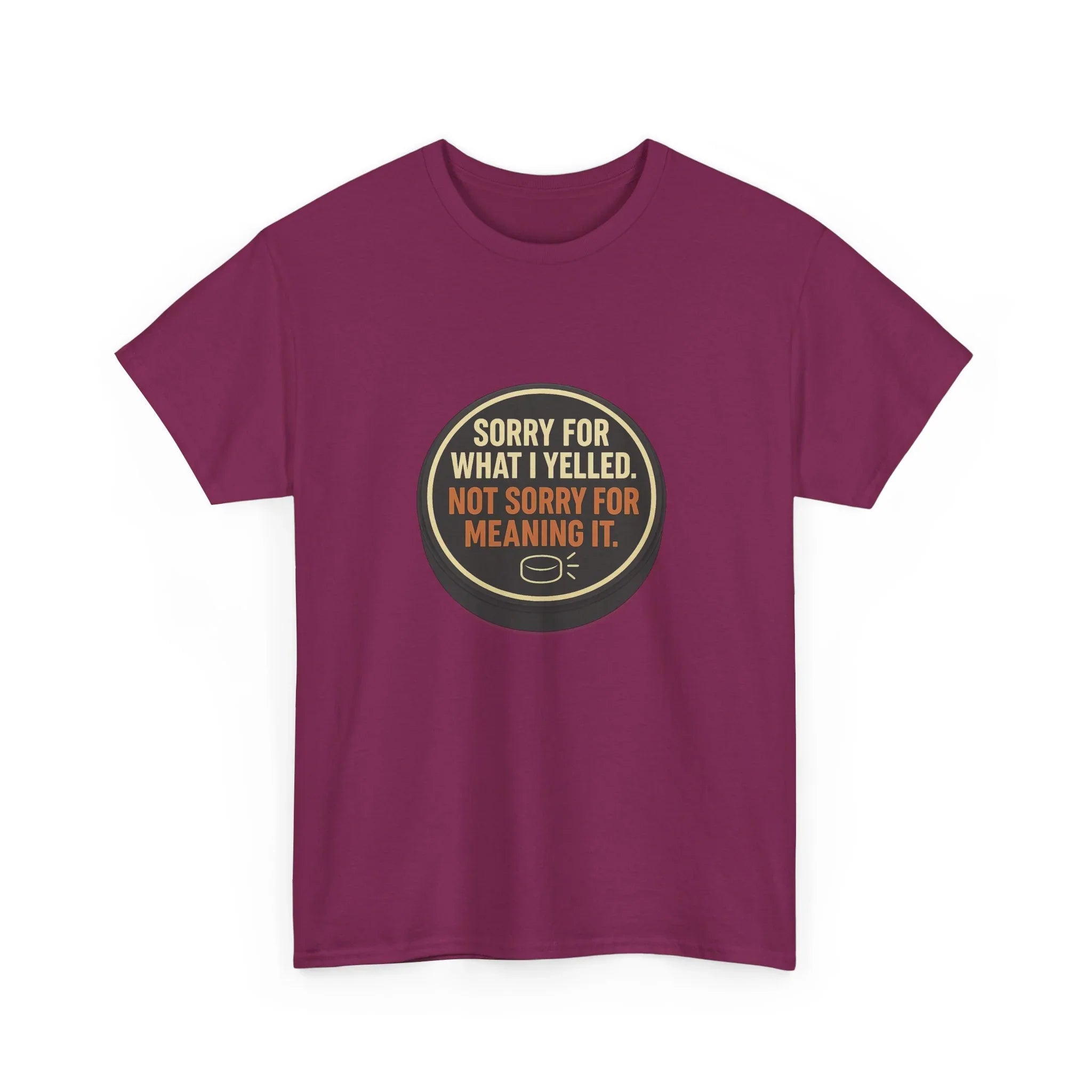 Maroon t-shirt with funny hockey puck graphic and text, ideal for outdoor sports enthusiasts