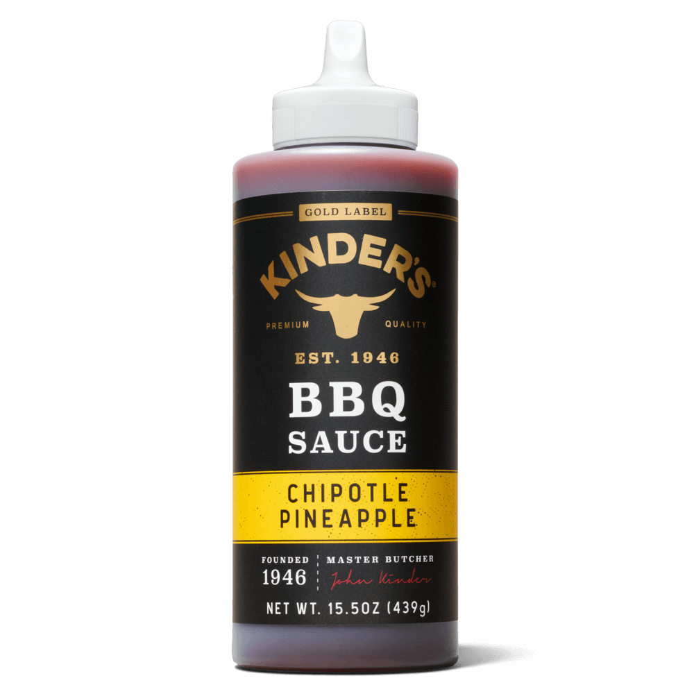 Bottle of Kinder's Chipotle Pineapple BBQ sauce with yellow and black label, 15.5oz size