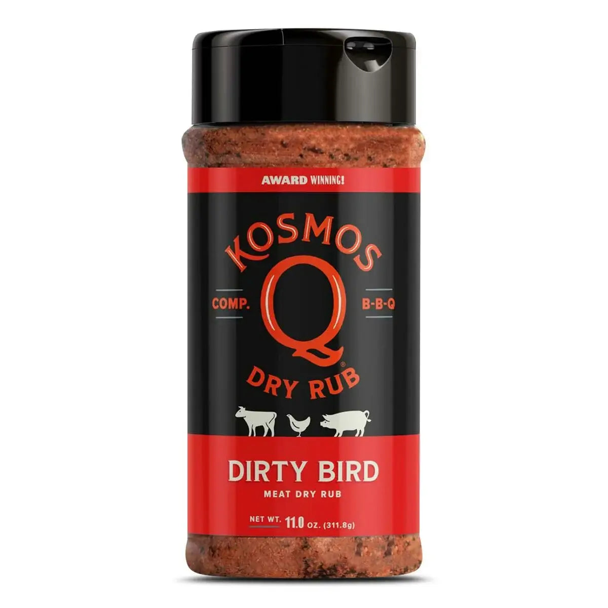 Kosmos Q Dirty Bird meat dry rub BBQ seasoning bottle, 11 oz, black and red label