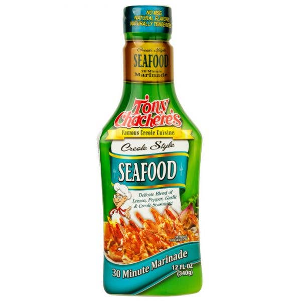Tony Chachere's Creole Style Seafood marinade bottle, 12 fl oz, for grilling and cooking.