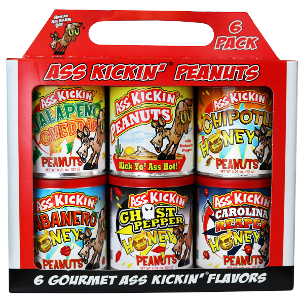 Spicy gourmet peanuts gift pack with six flavors including jalapeno cheddar, chipotle honey, and ghost pepper.