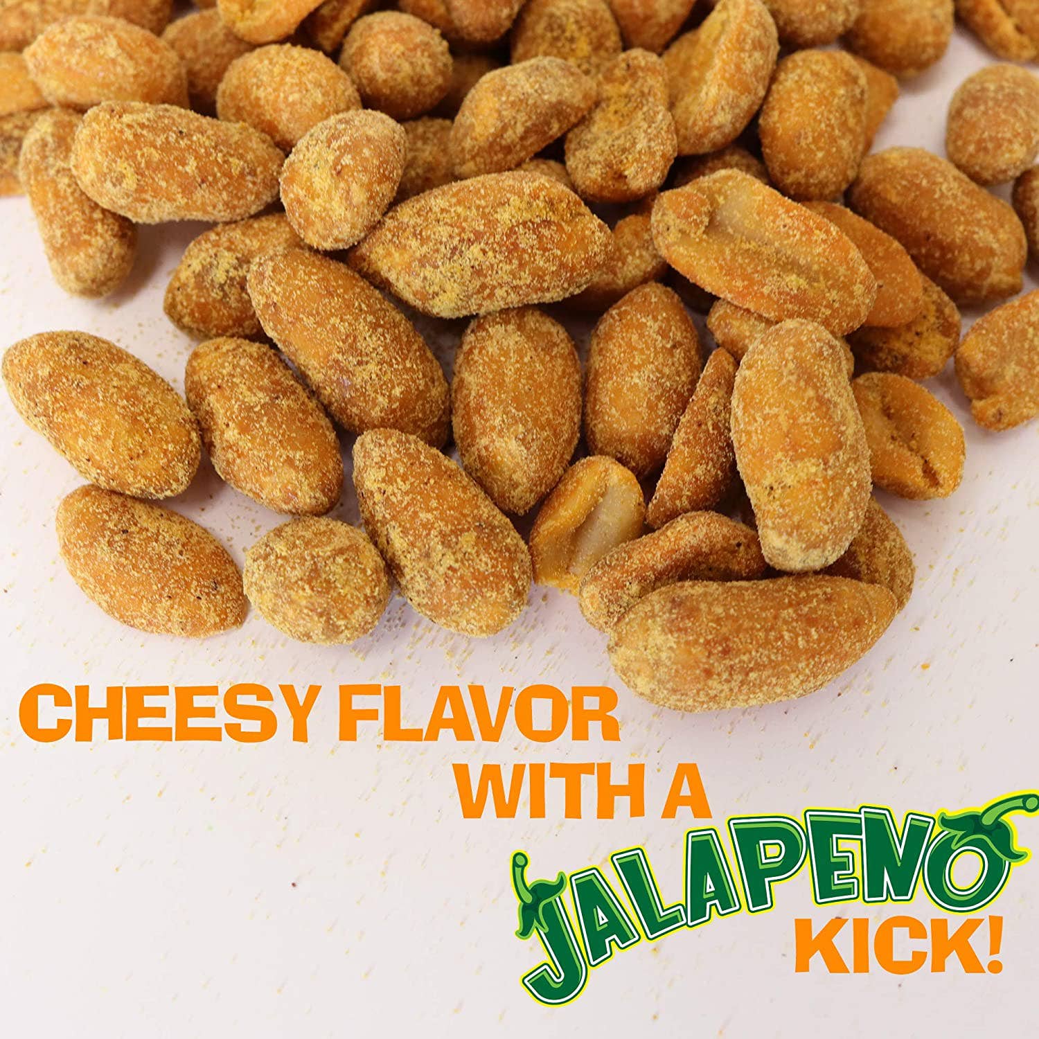 Spicy jalapeno cheese coated peanuts on a white surface, snack food with bold flavor.