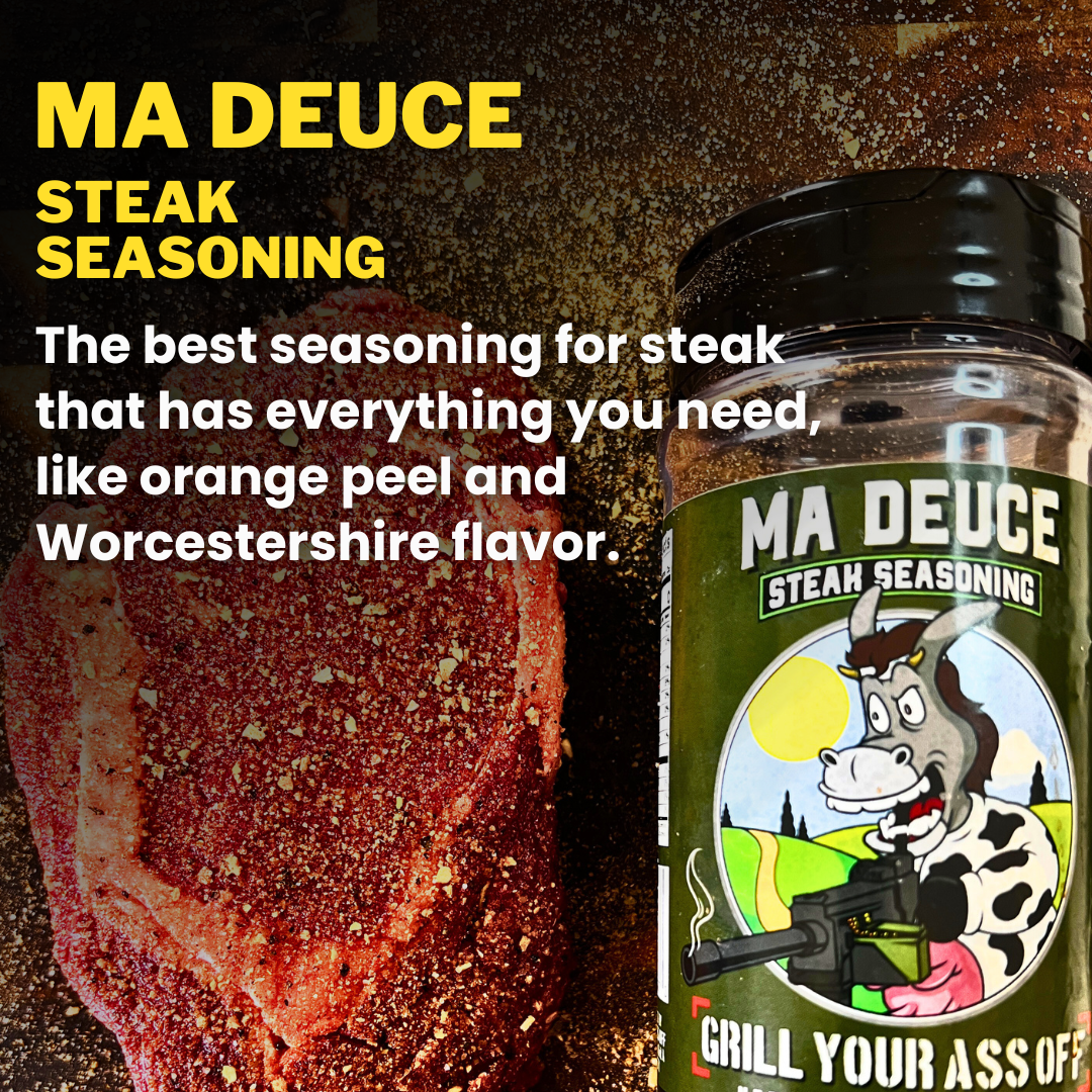 Ma Deuce steak seasoning bottle with cartoon cow next to seasoned raw steak on a dark background.