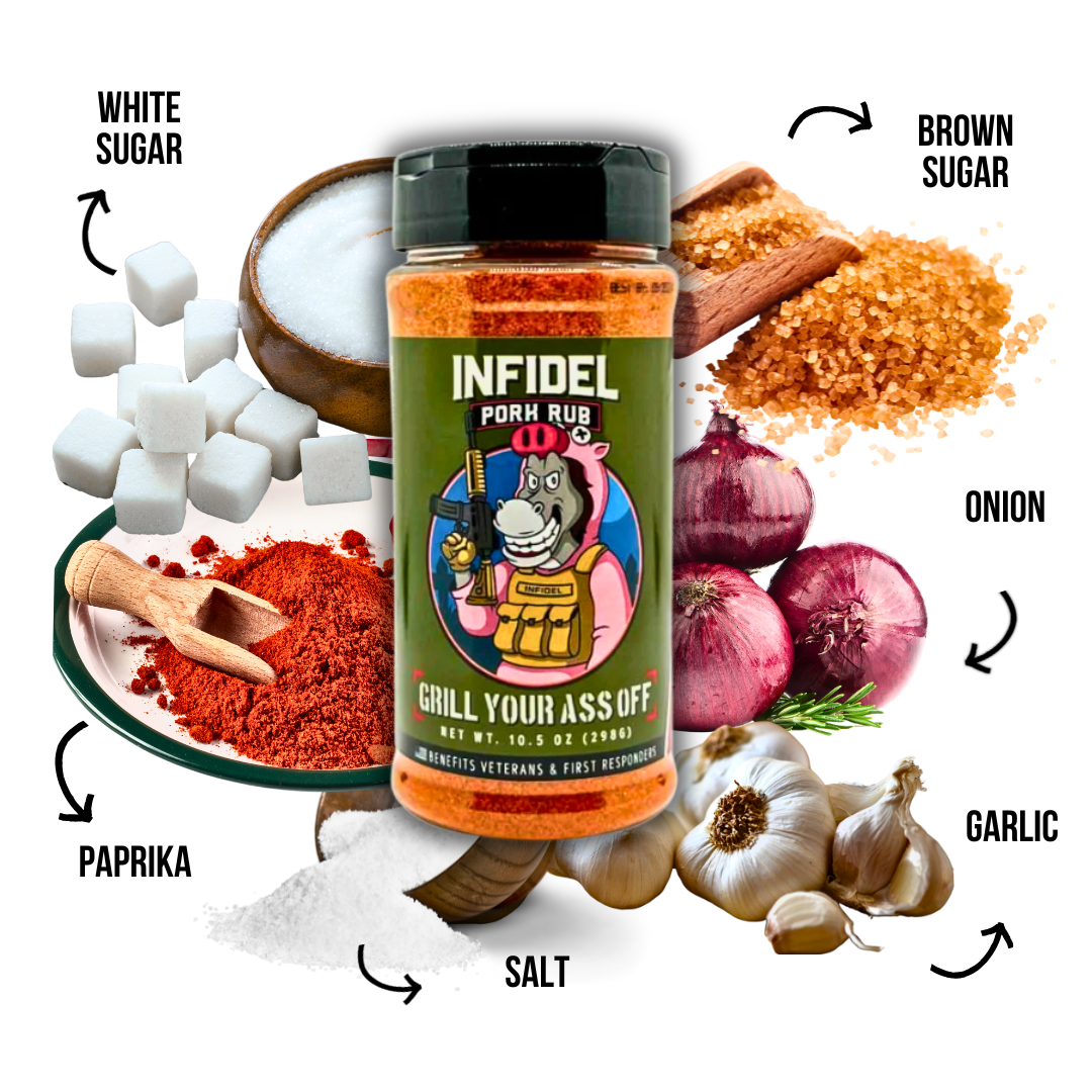 Pork rub seasoning bottle with ingredients: white sugar, brown sugar, paprika, salt, onion, garlic.
