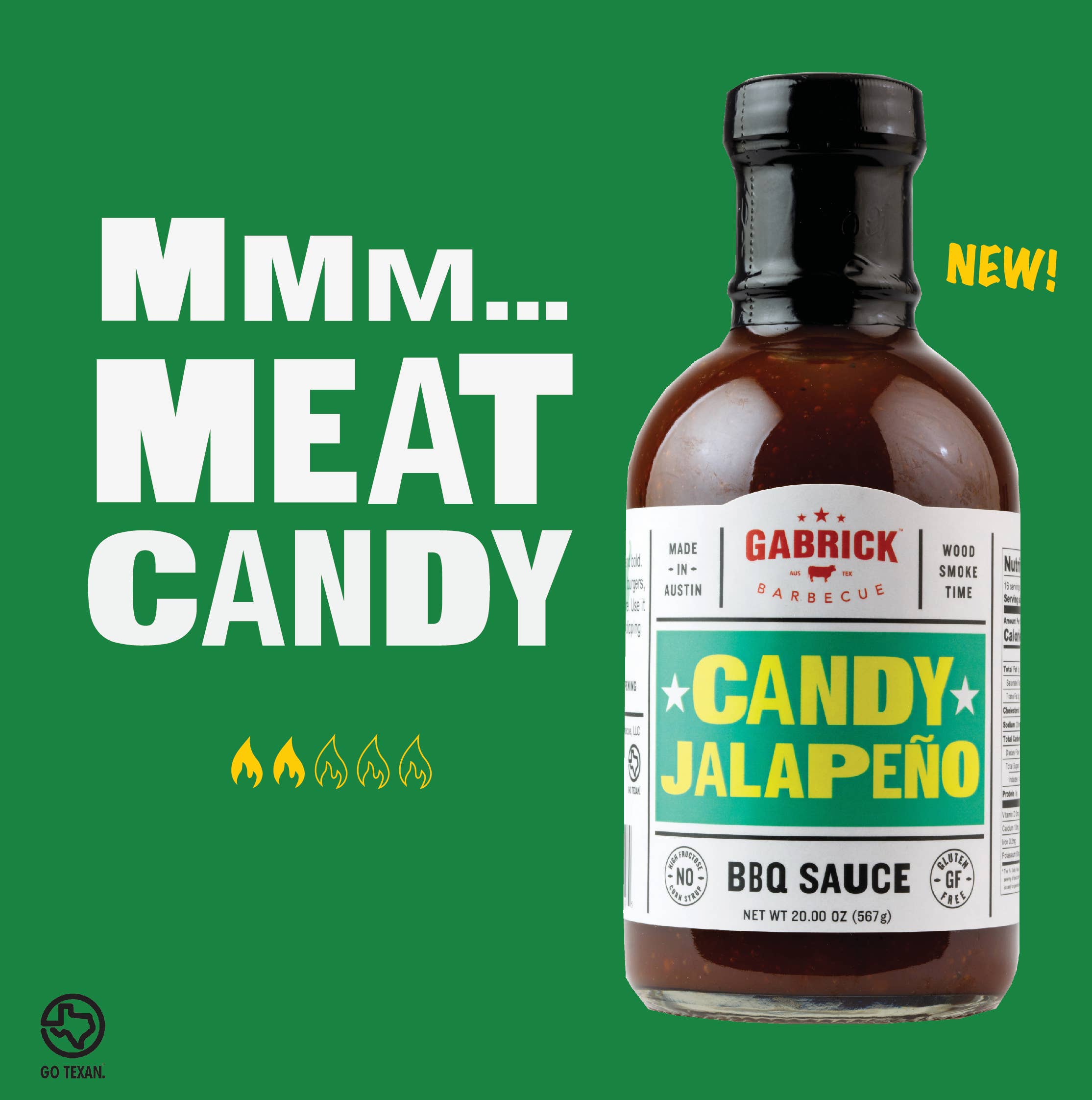 Gabrick Barbecue Candy Jalapeño BBQ sauce bottle on green background with meat candy text.