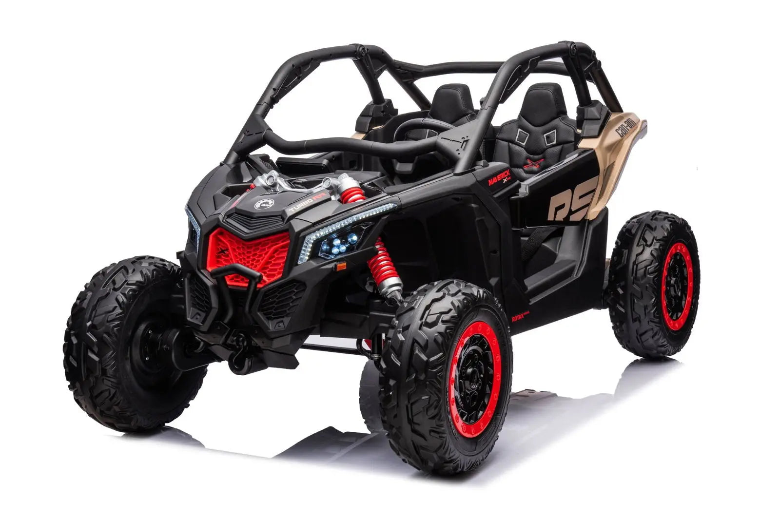 Black and red 2-seater kids ride-on UTV with off-road tires and sporty design