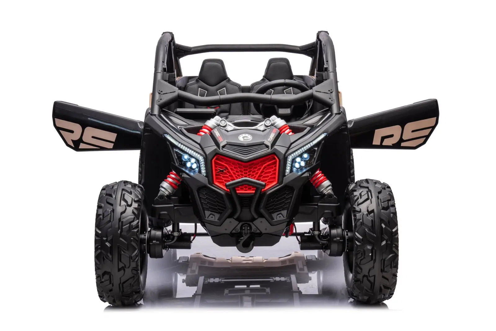 Black and red kids 2-seater ride-on UTV with large tires, open doors, and LED headlights