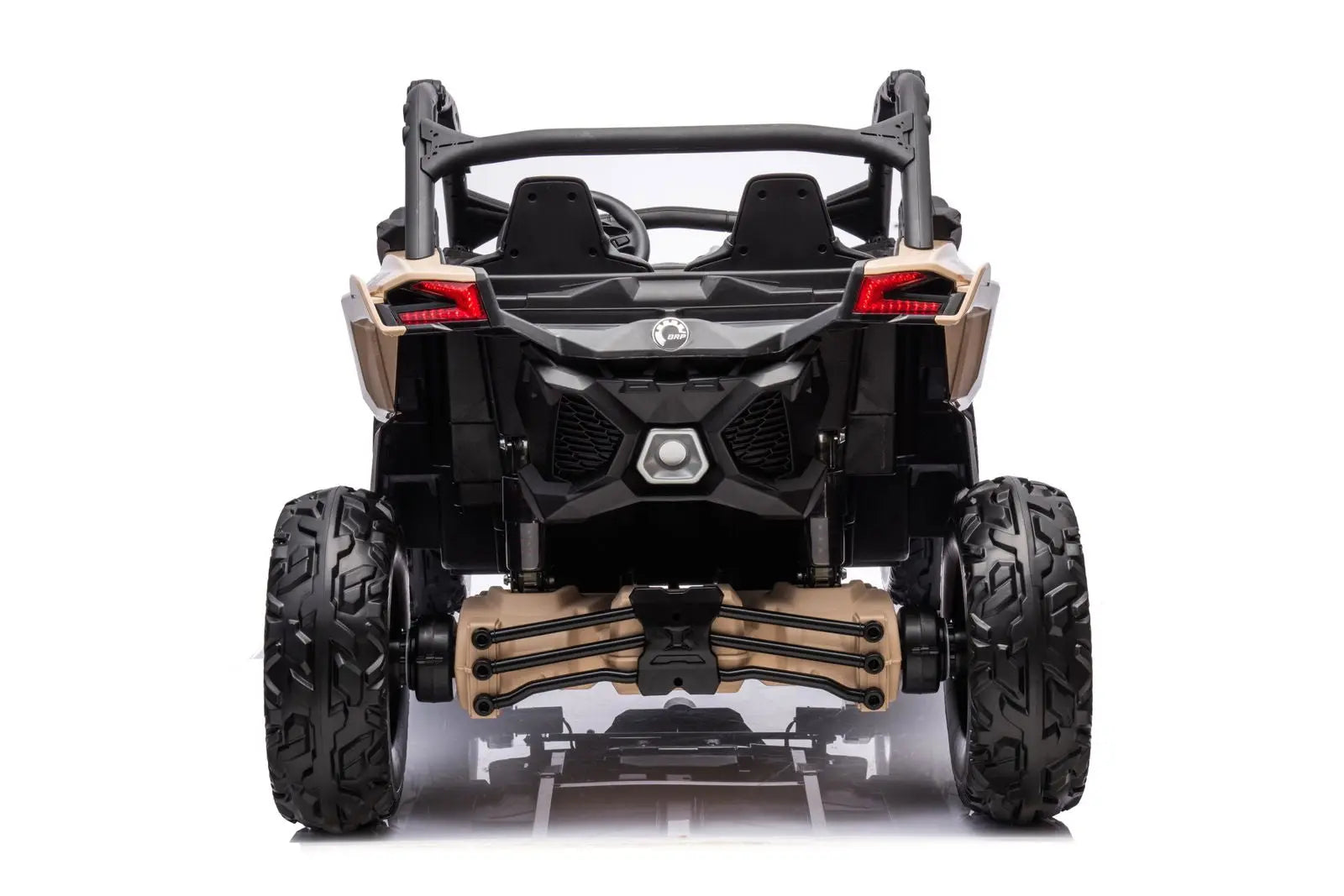 Rear view of a kids' 2-seater ride-on Can-Am Maverick UTV with rugged off-road tires