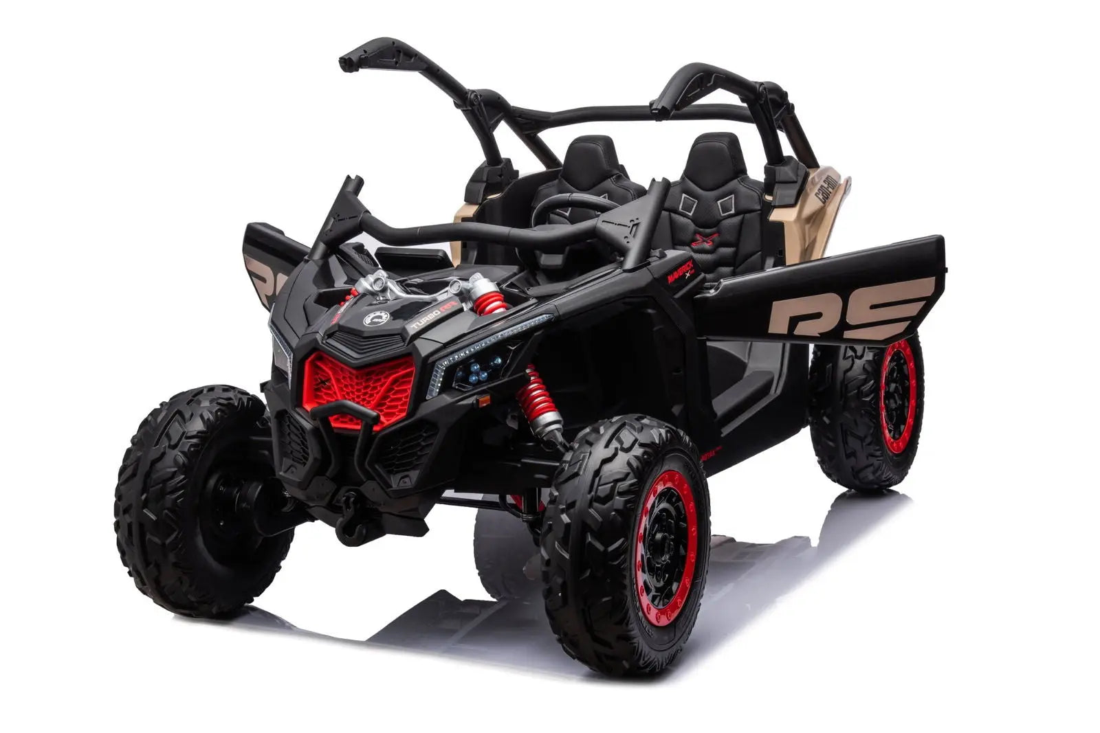 Black and red kids 2-seater 4x4 Can-Am Maverick ride-on UTV with off-road tires
